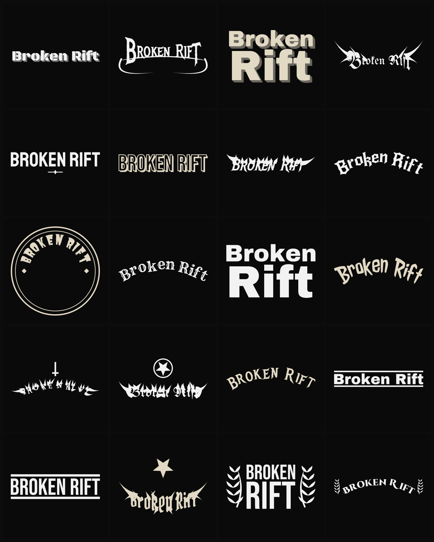 Twenty Broken Rift band logo ideas — different faces, treatments and spike settings
