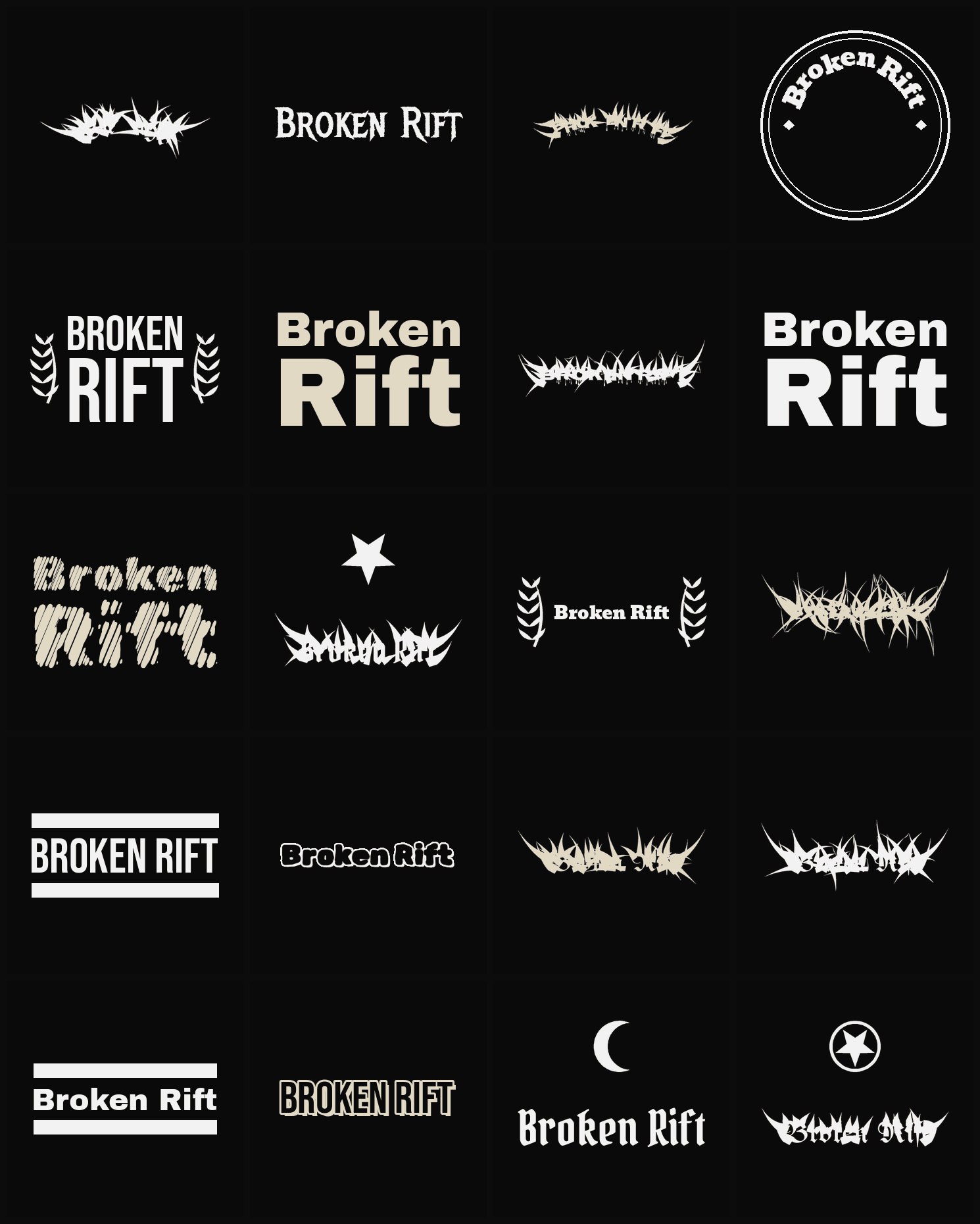 Twenty Broken Rift band logo ideas — different faces, treatments and spike settings