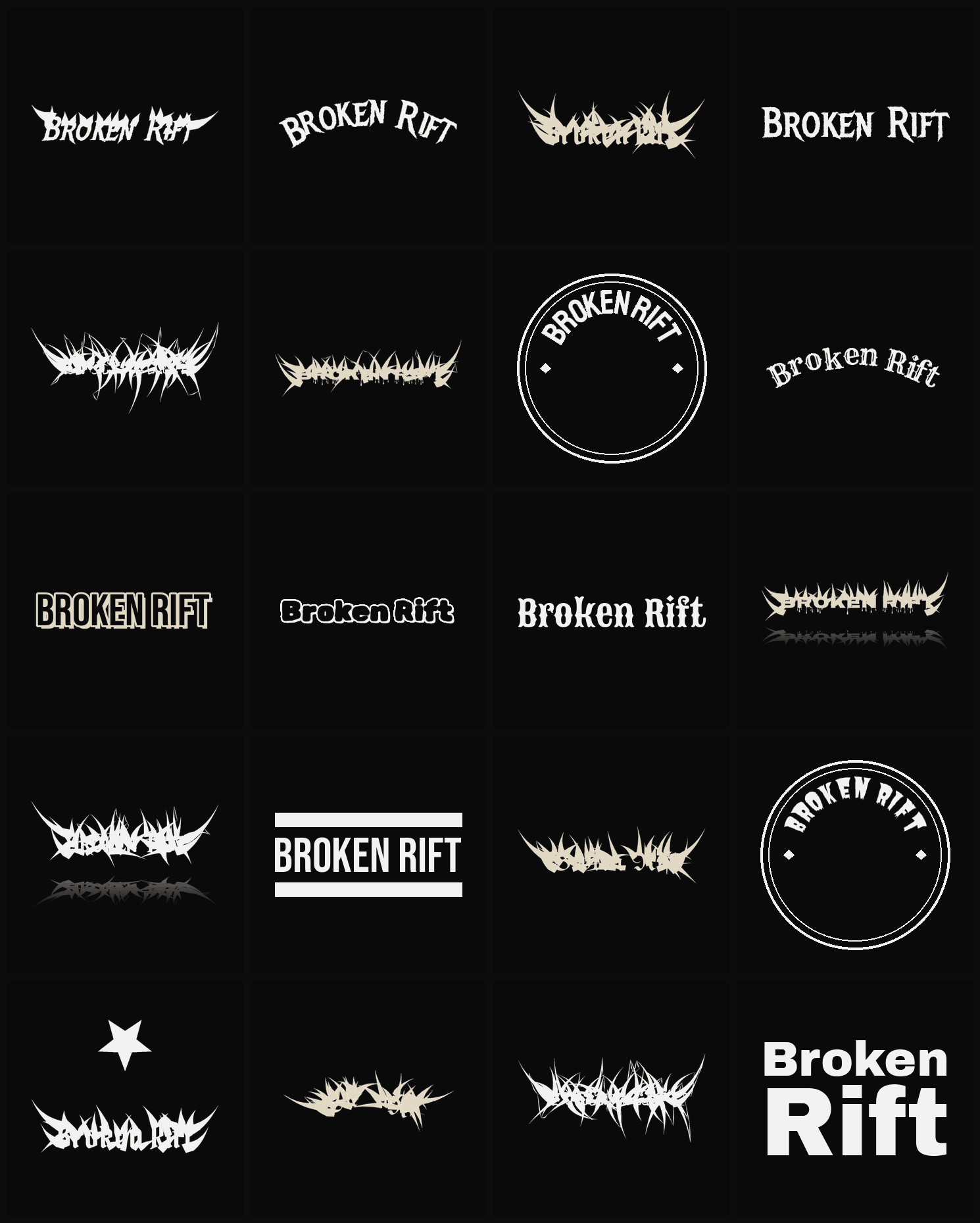 Twenty Broken Rift band logo ideas — different faces, treatments and spike settings