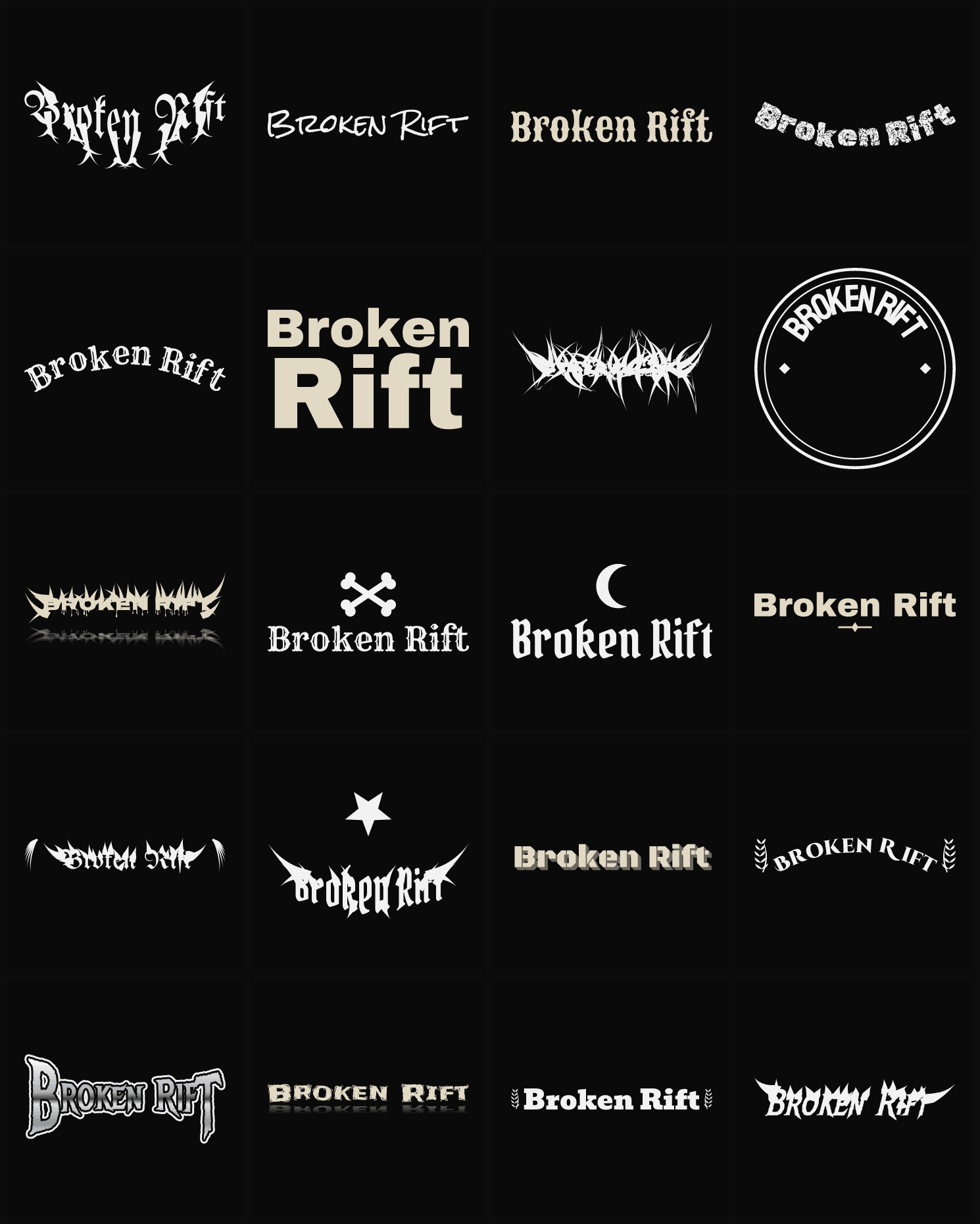 Twenty Broken Rift band logo ideas — different faces, treatments and spike settings