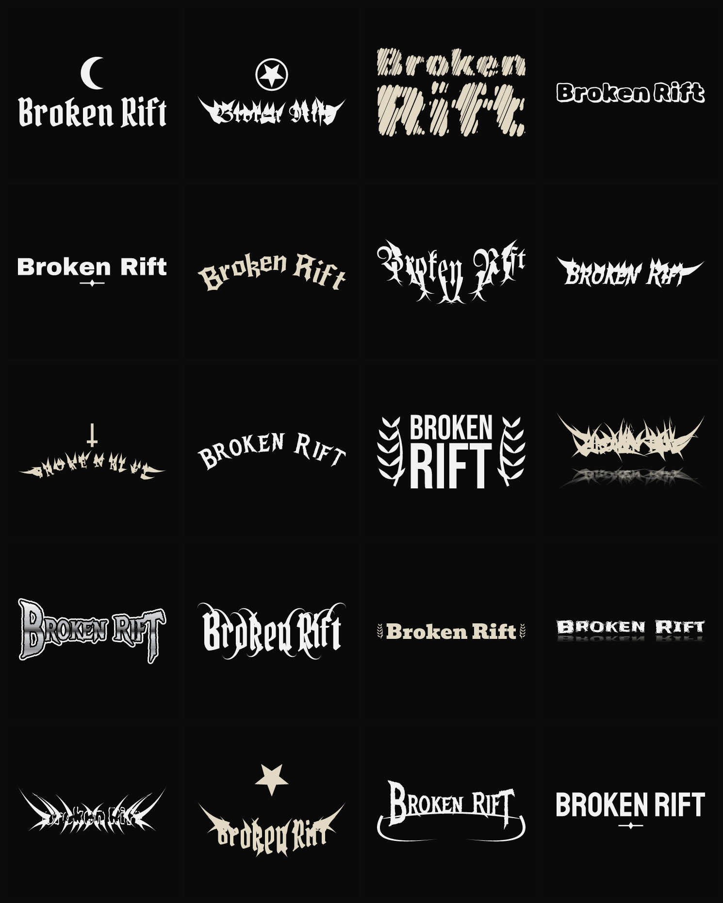 Twenty Broken Rift band logo ideas — different faces, treatments and spike settings