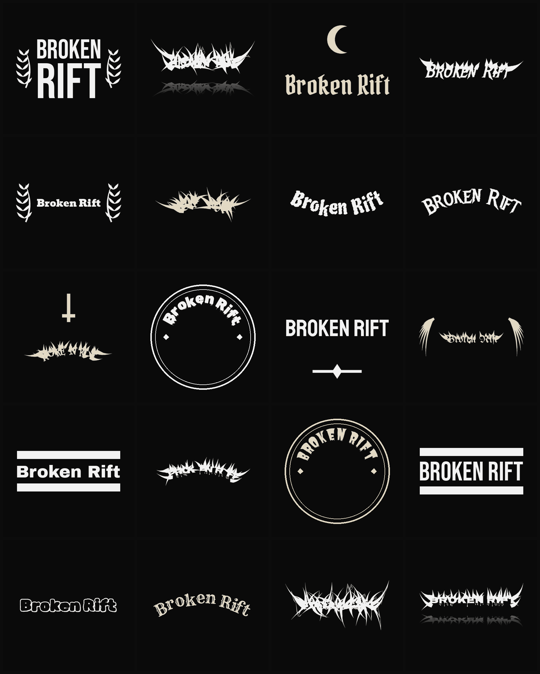 Twenty Broken Rift band logo ideas — different faces, treatments and spike settings