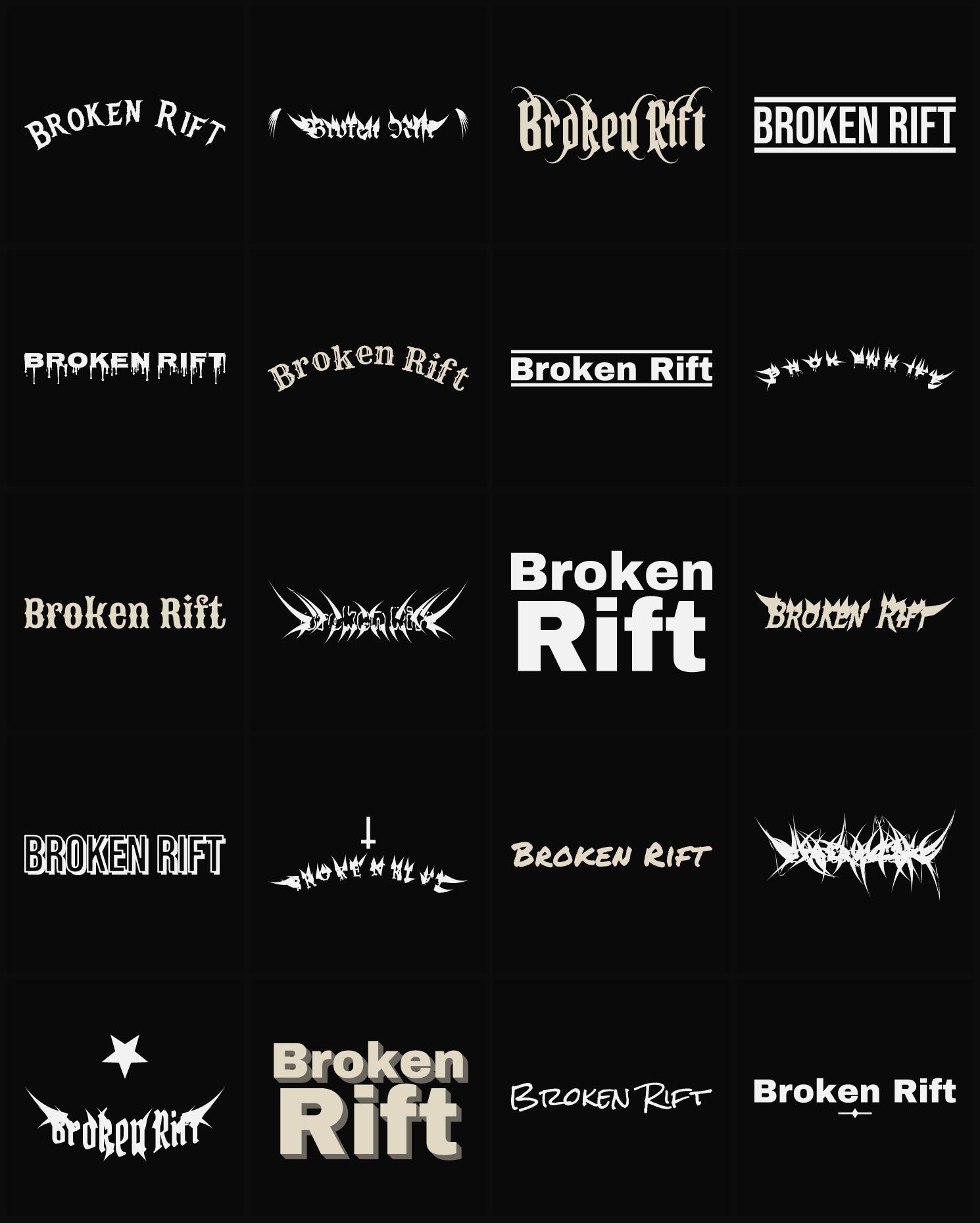 Twenty Broken Rift band logo ideas — different faces, treatments and spike settings