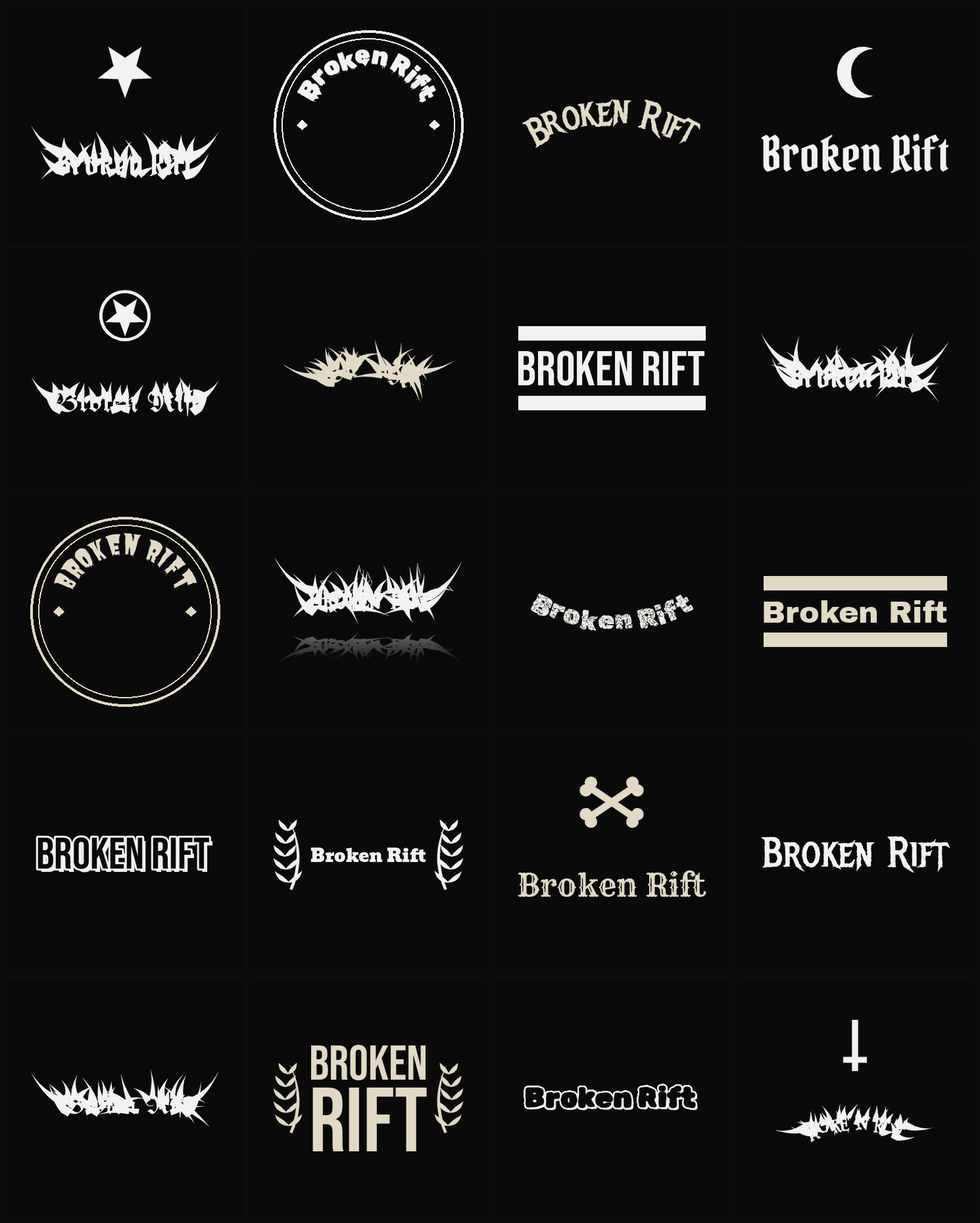 Twenty Broken Rift band logo ideas — different faces, treatments and spike settings