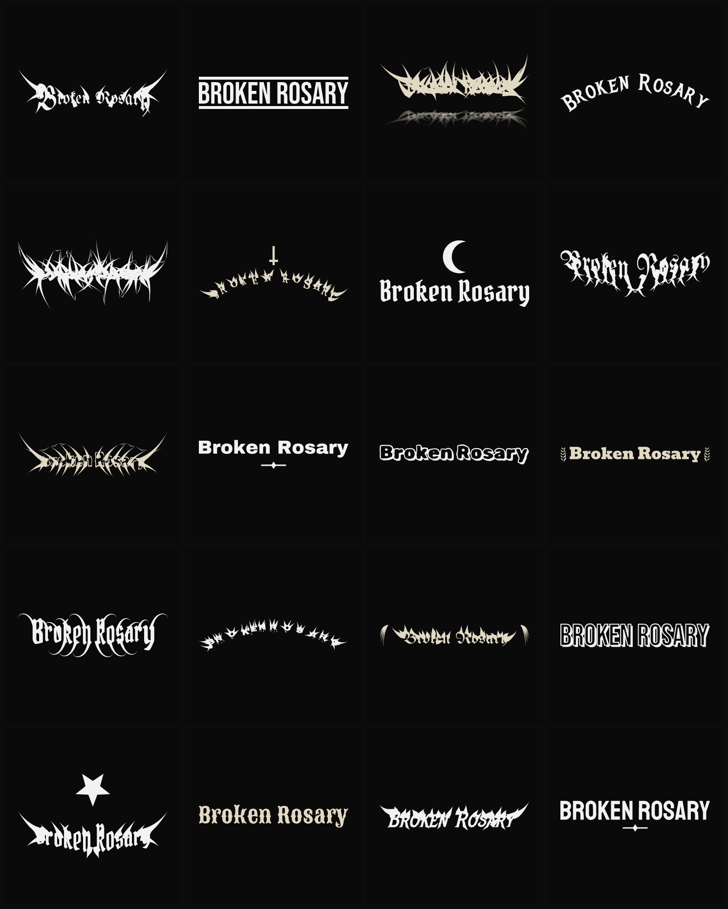 Twenty Broken Rosary band logo ideas — different faces, treatments and spike settings