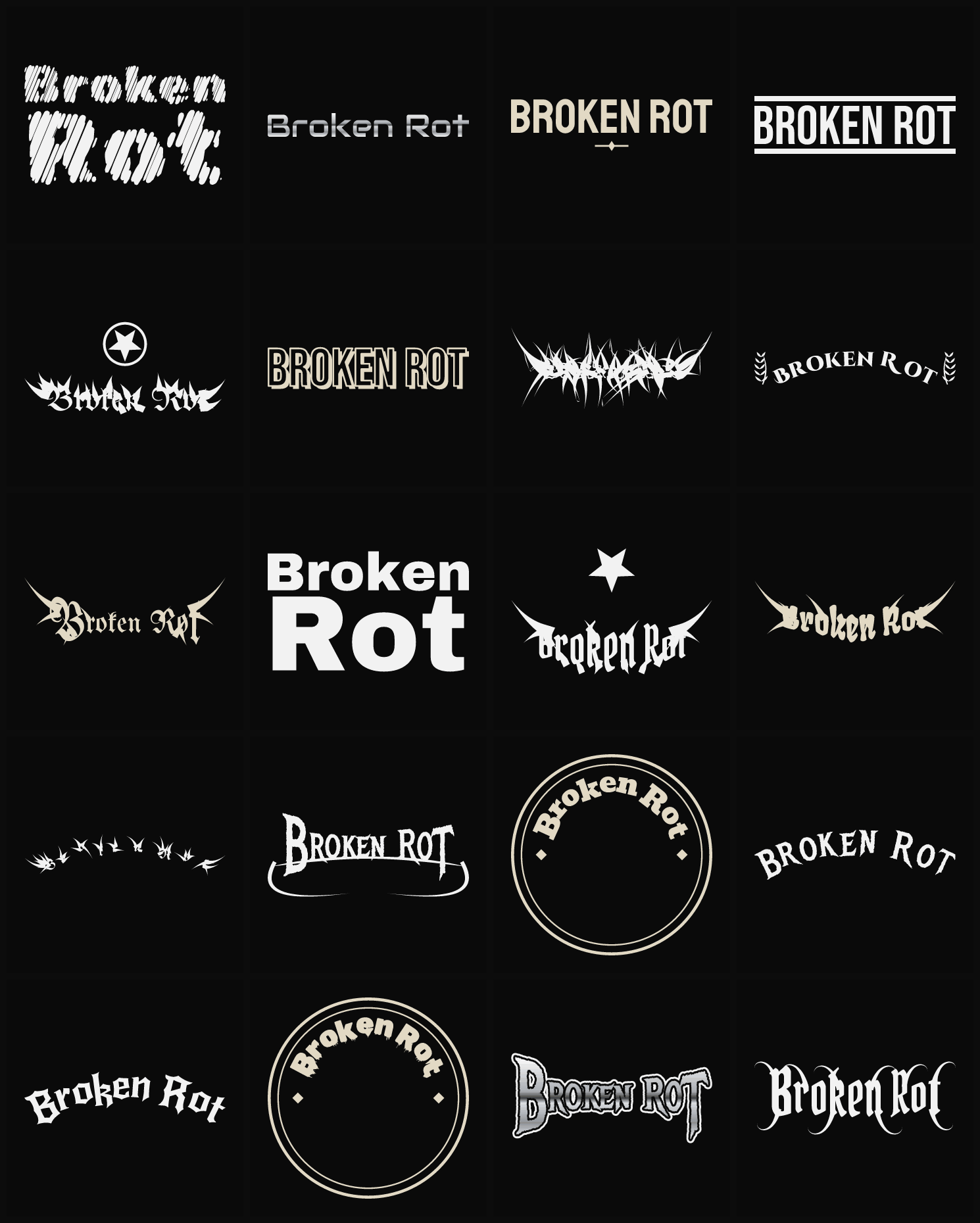 Twenty Broken Rot band logo ideas — different faces, treatments and spike settings