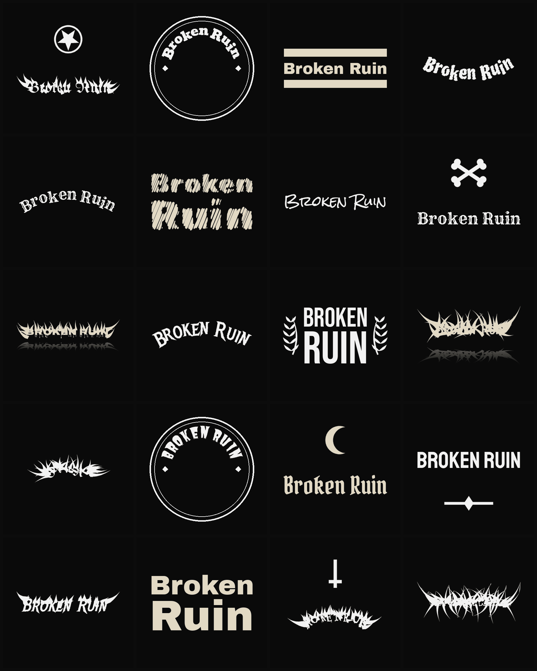 Twenty Broken Ruin band logo ideas — different faces, treatments and spike settings
