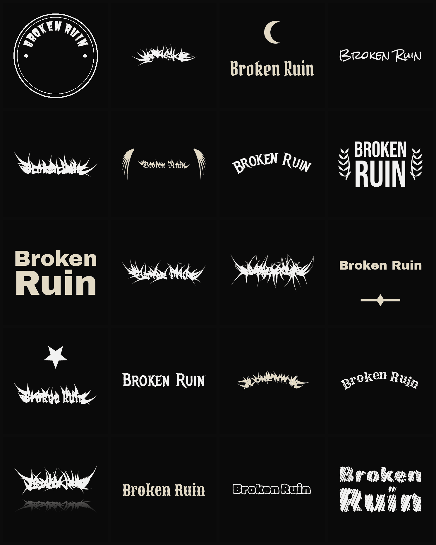 Twenty Broken Ruin band logo ideas — different faces, treatments and spike settings