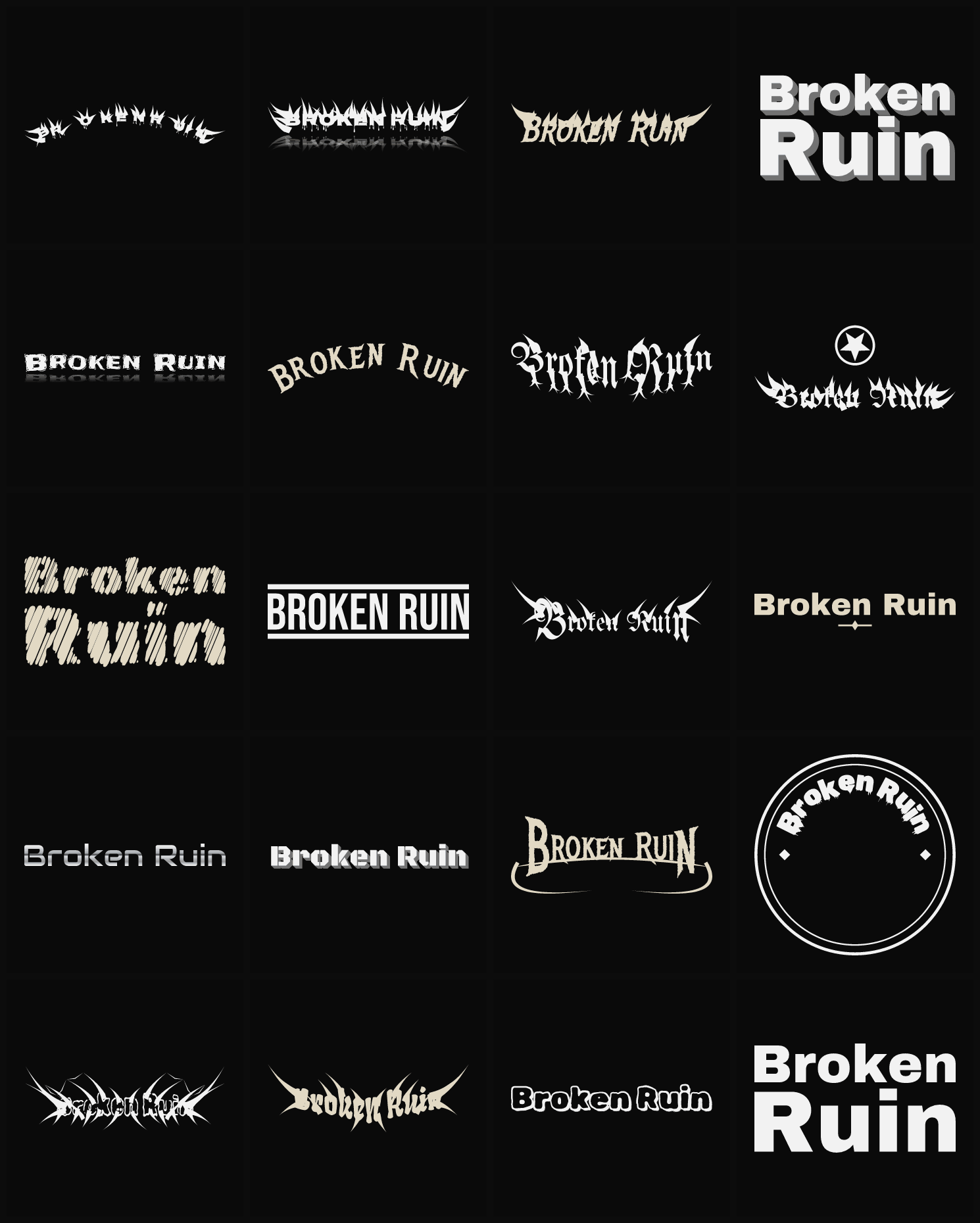 Twenty Broken Ruin band logo ideas — different faces, treatments and spike settings