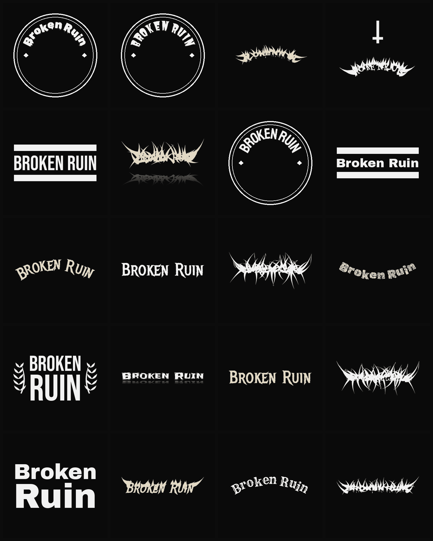 Twenty Broken Ruin band logo ideas — different faces, treatments and spike settings