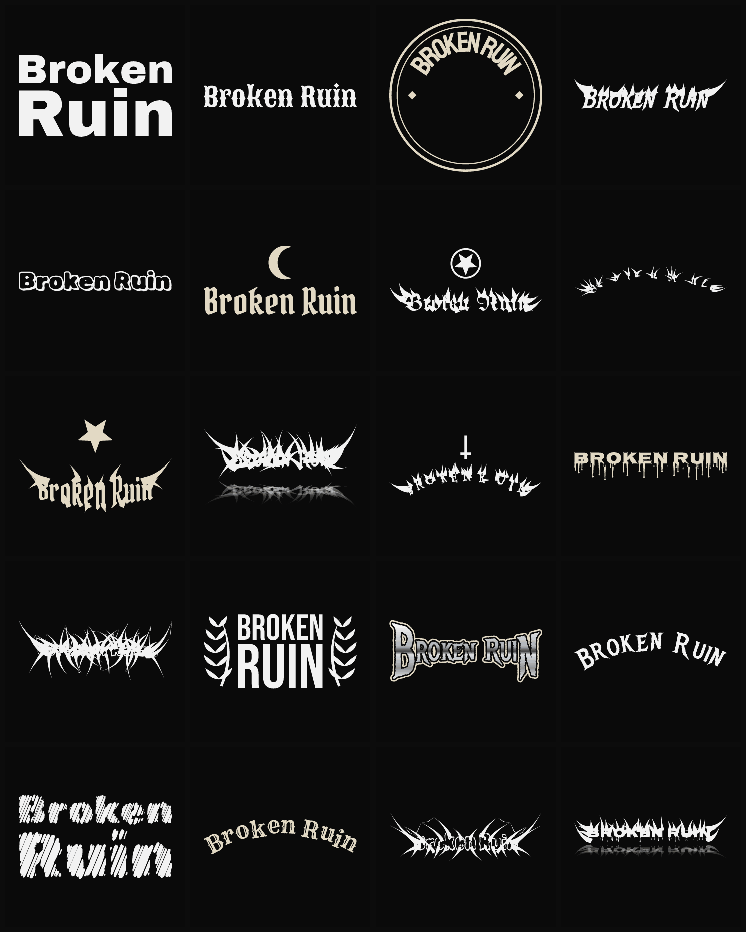 Twenty Broken Ruin band logo ideas — different faces, treatments and spike settings