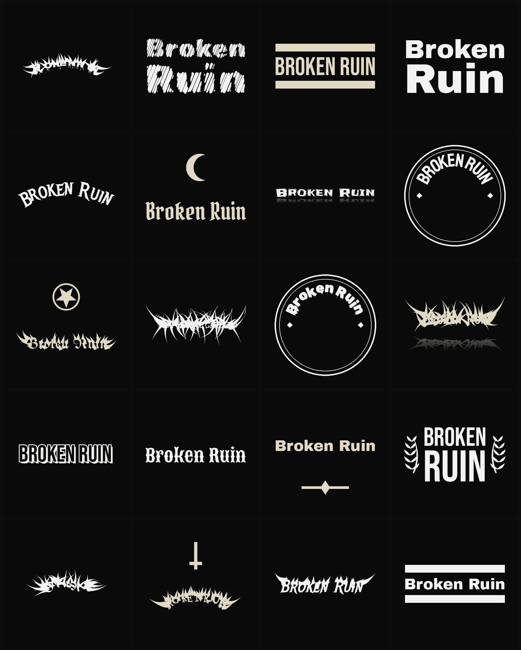 Twenty Broken Ruin band logo ideas — different faces, treatments and spike settings