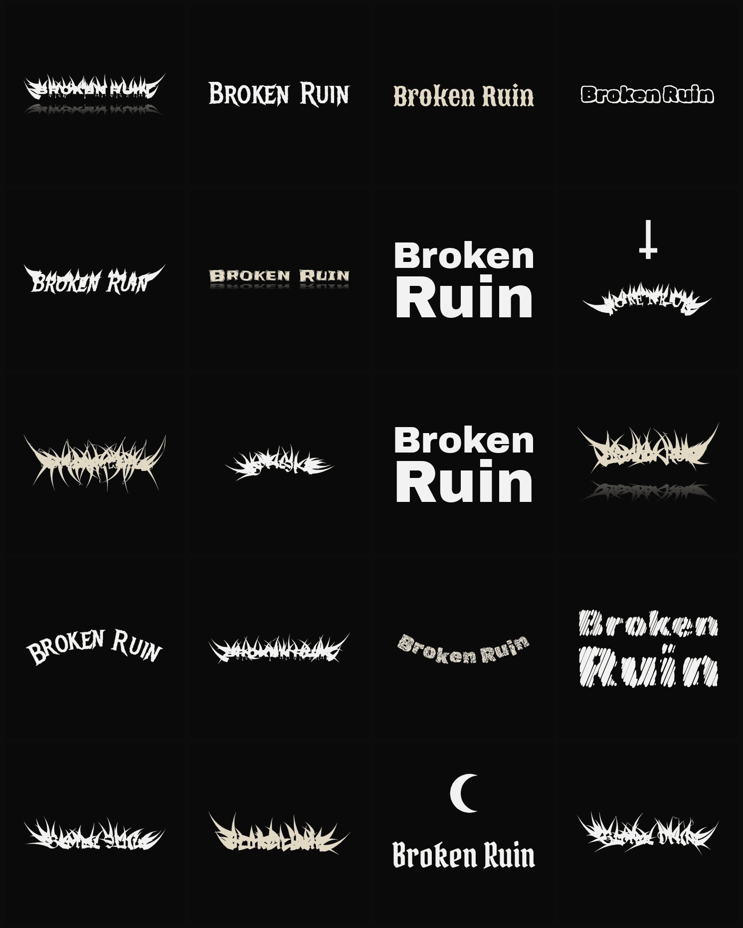 Twenty Broken Ruin band logo ideas — different faces, treatments and spike settings