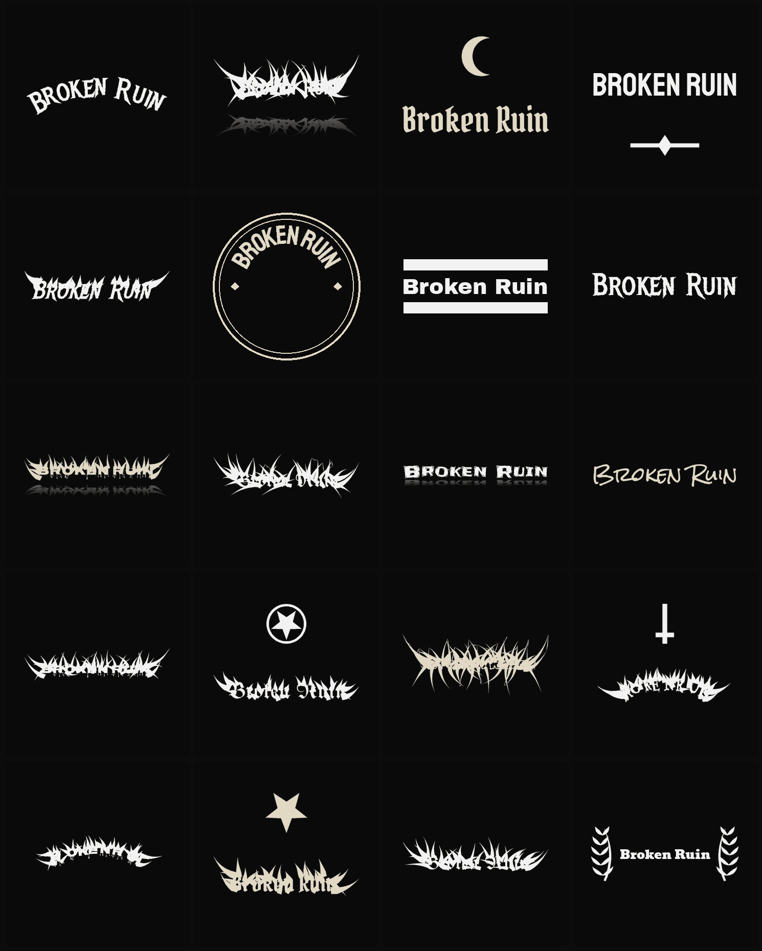 Twenty Broken Ruin band logo ideas — different faces, treatments and spike settings