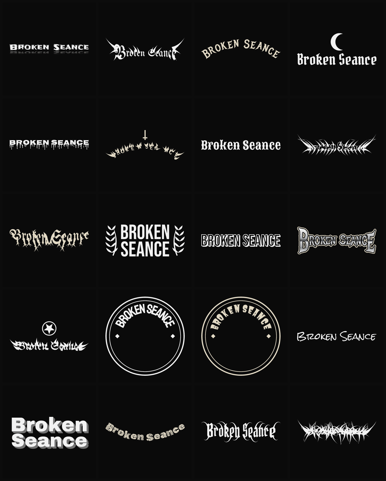 Twenty Broken Seance band logo ideas — different faces, treatments and spike settings