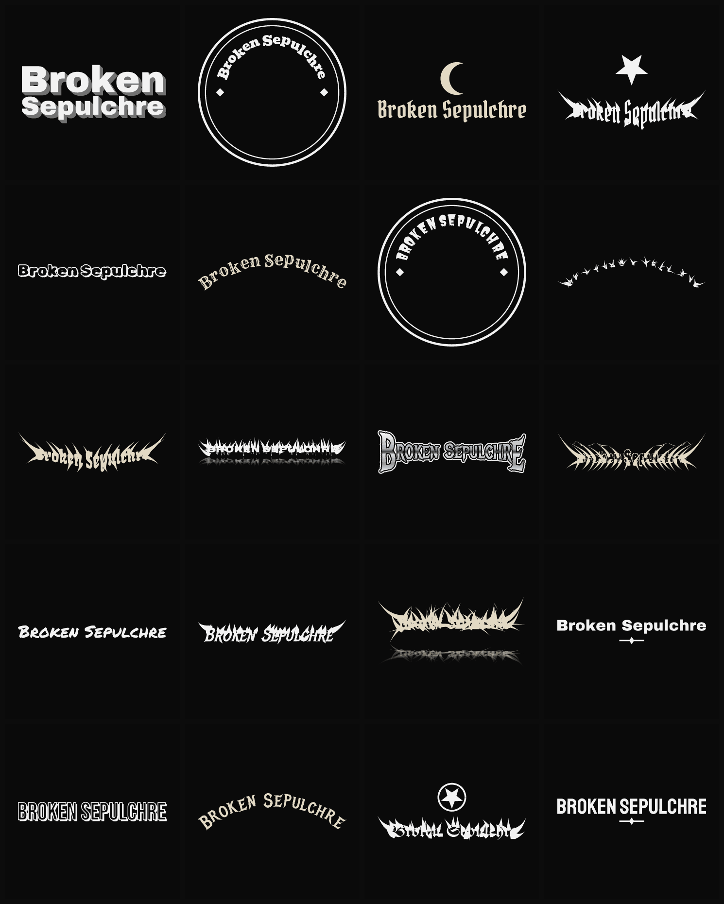 Twenty Broken Sepulchre band logo ideas — different faces, treatments and spike settings