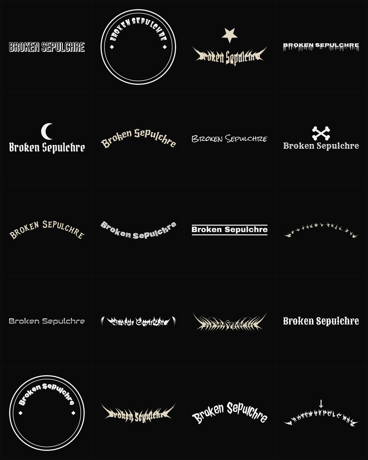 Twenty Broken Sepulchre band logo ideas — different faces, treatments and spike settings