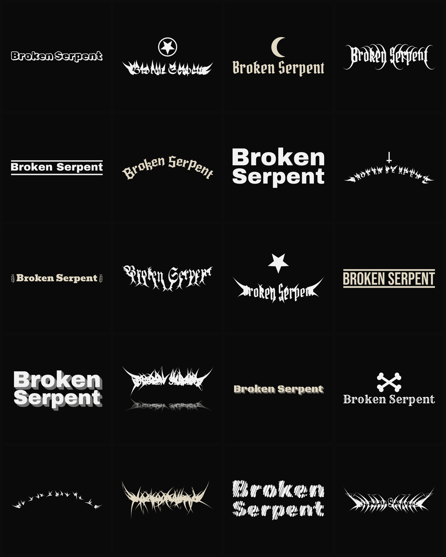 Twenty Broken Serpent band logo ideas — different faces, treatments and spike settings