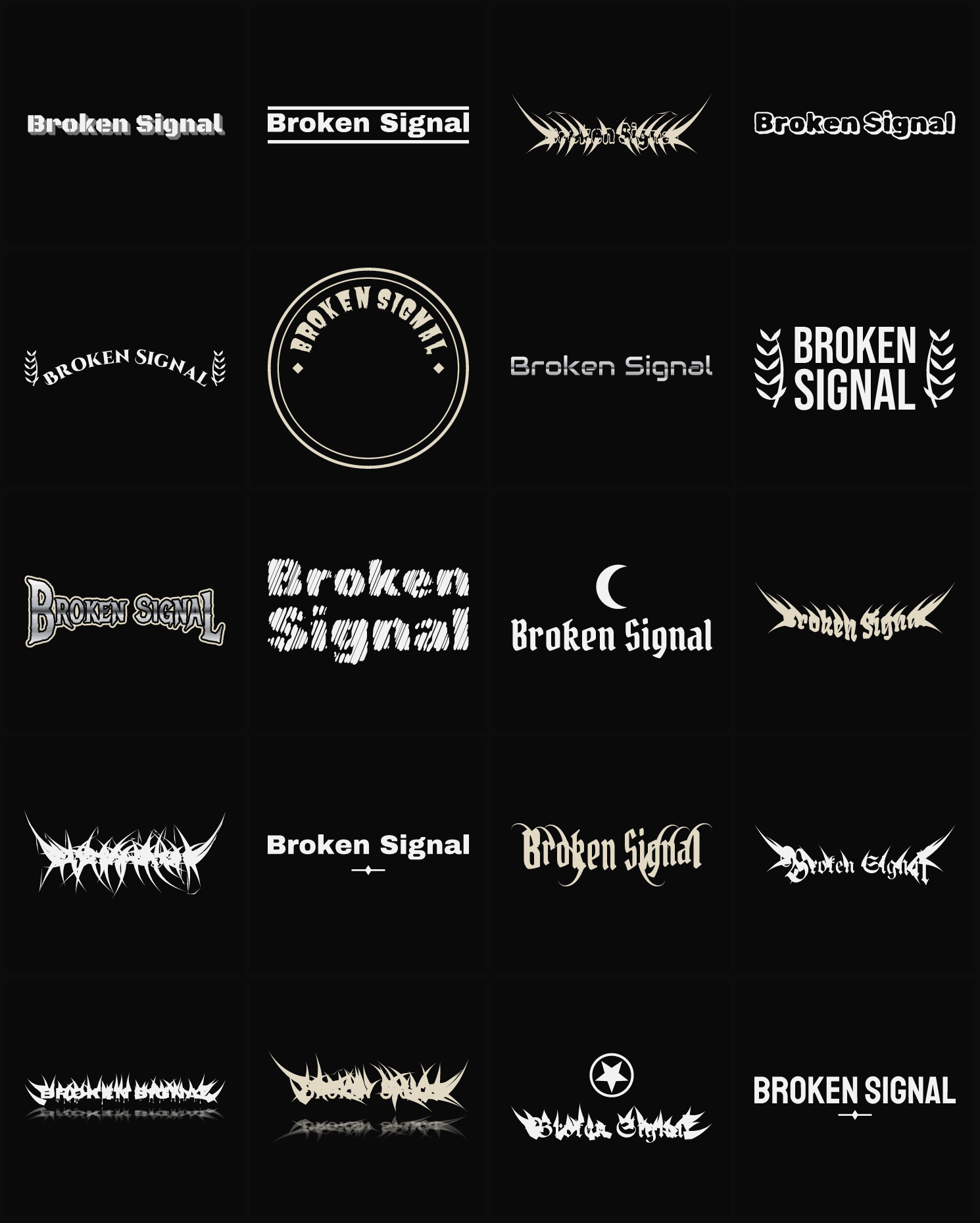 Twenty Broken Signal band logo ideas — different faces, treatments and spike settings