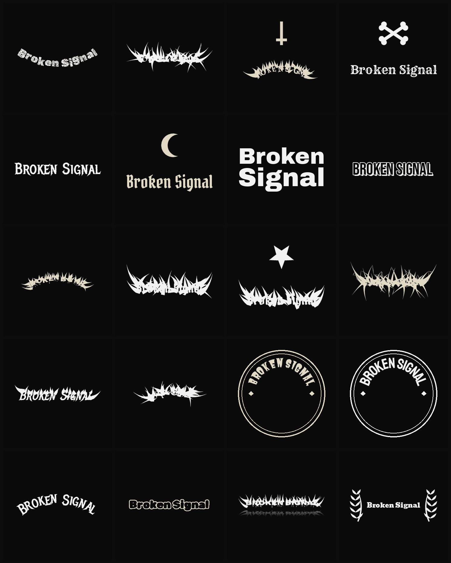 Twenty Broken Signal band logo ideas — different faces, treatments and spike settings