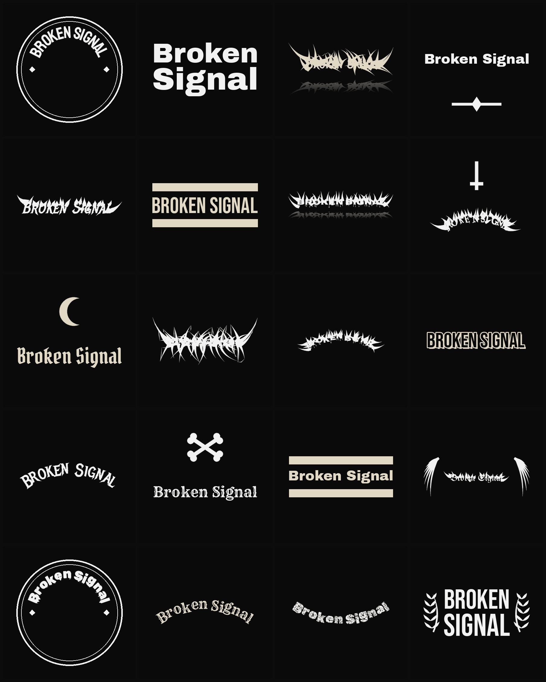 Twenty Broken Signal band logo ideas — different faces, treatments and spike settings