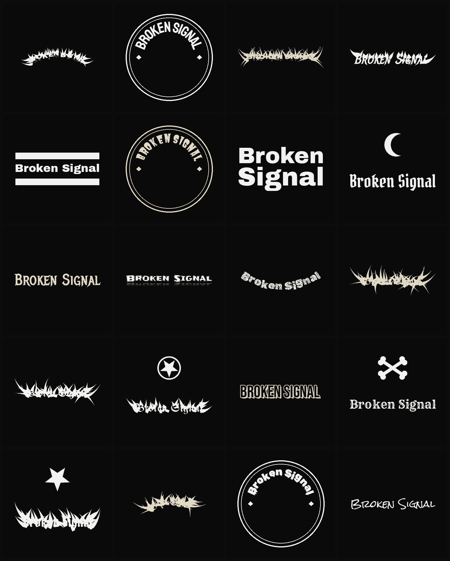 Twenty Broken Signal band logo ideas — different faces, treatments and spike settings