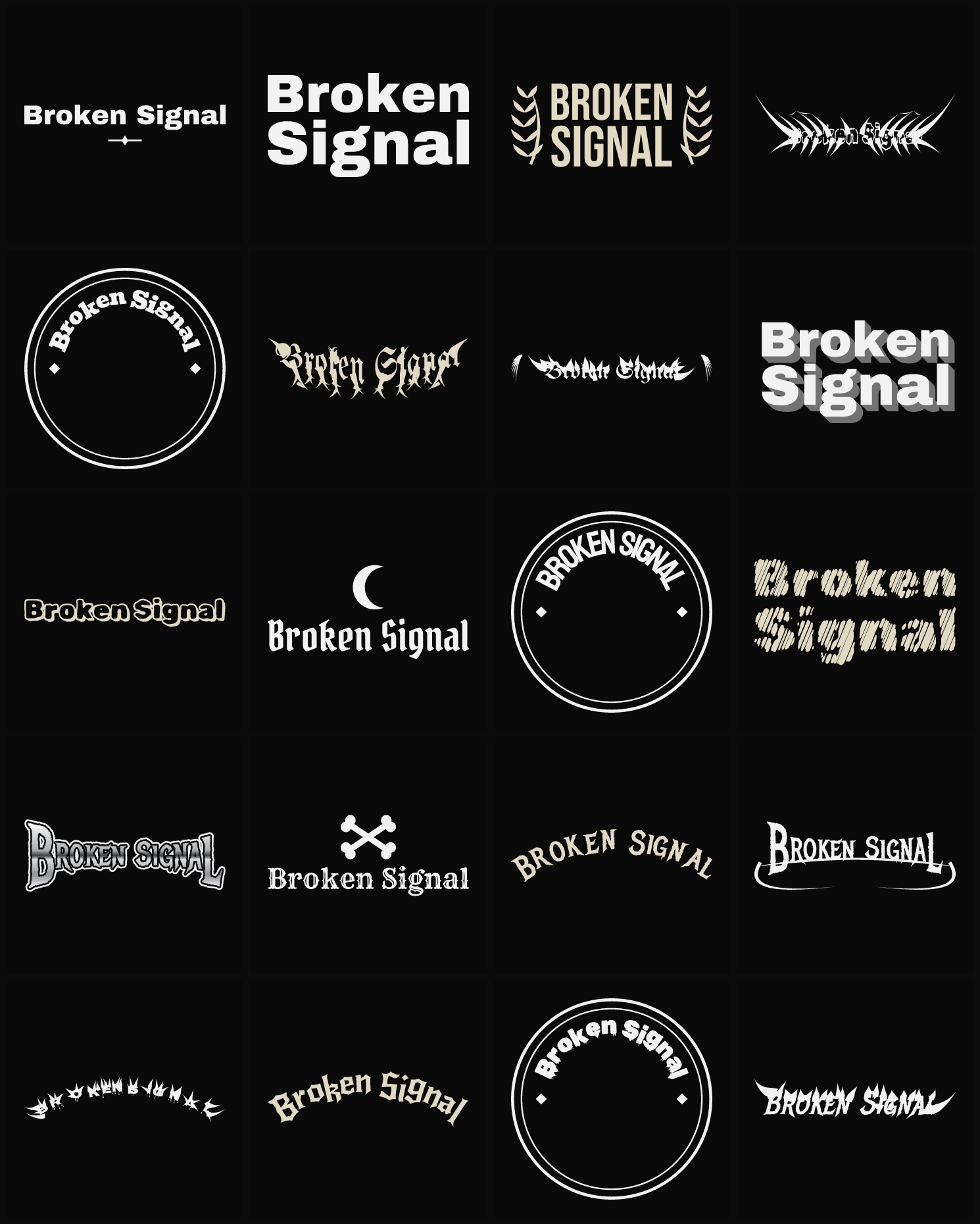 Twenty Broken Signal band logo ideas — different faces, treatments and spike settings