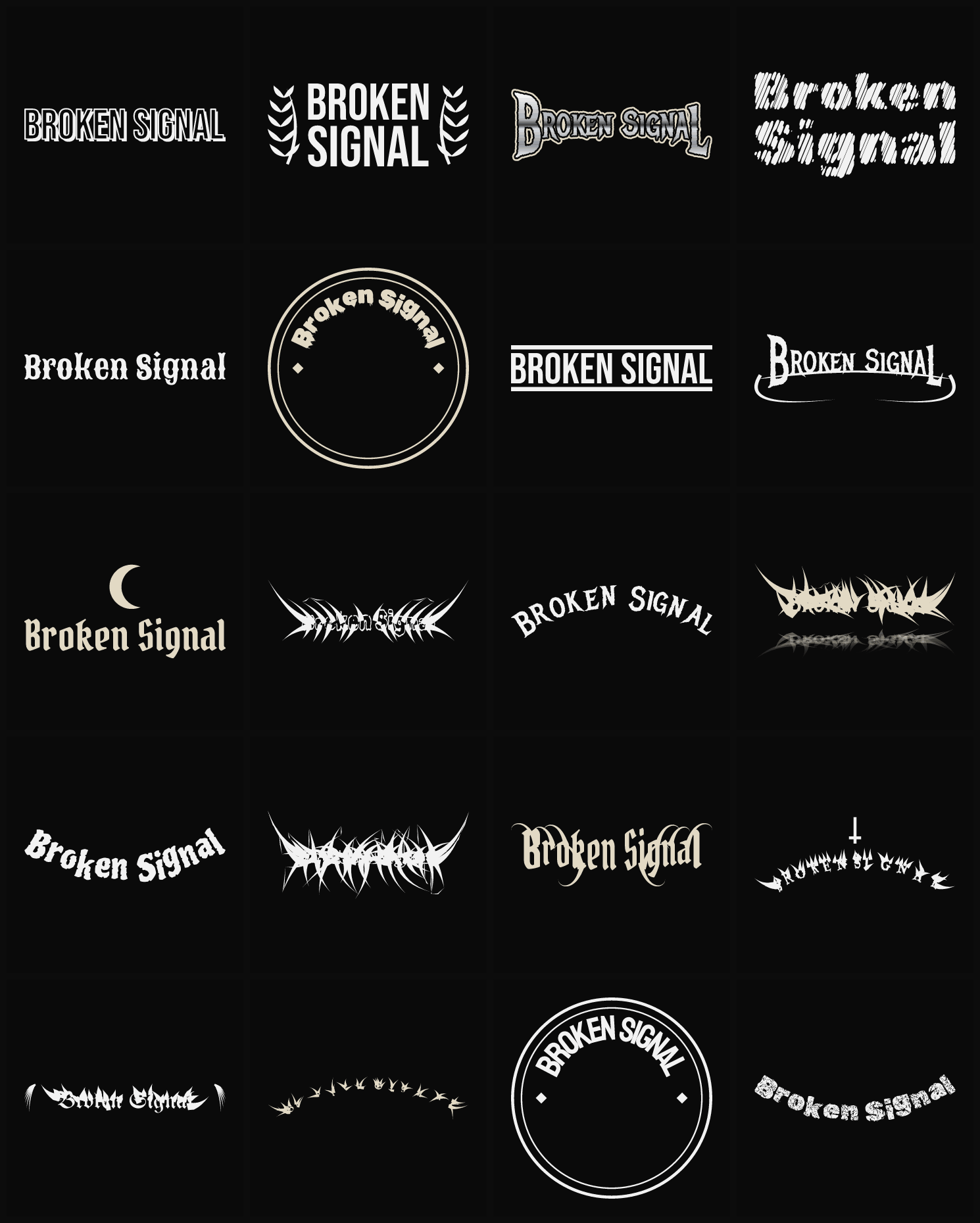 Twenty Broken Signal band logo ideas — different faces, treatments and spike settings