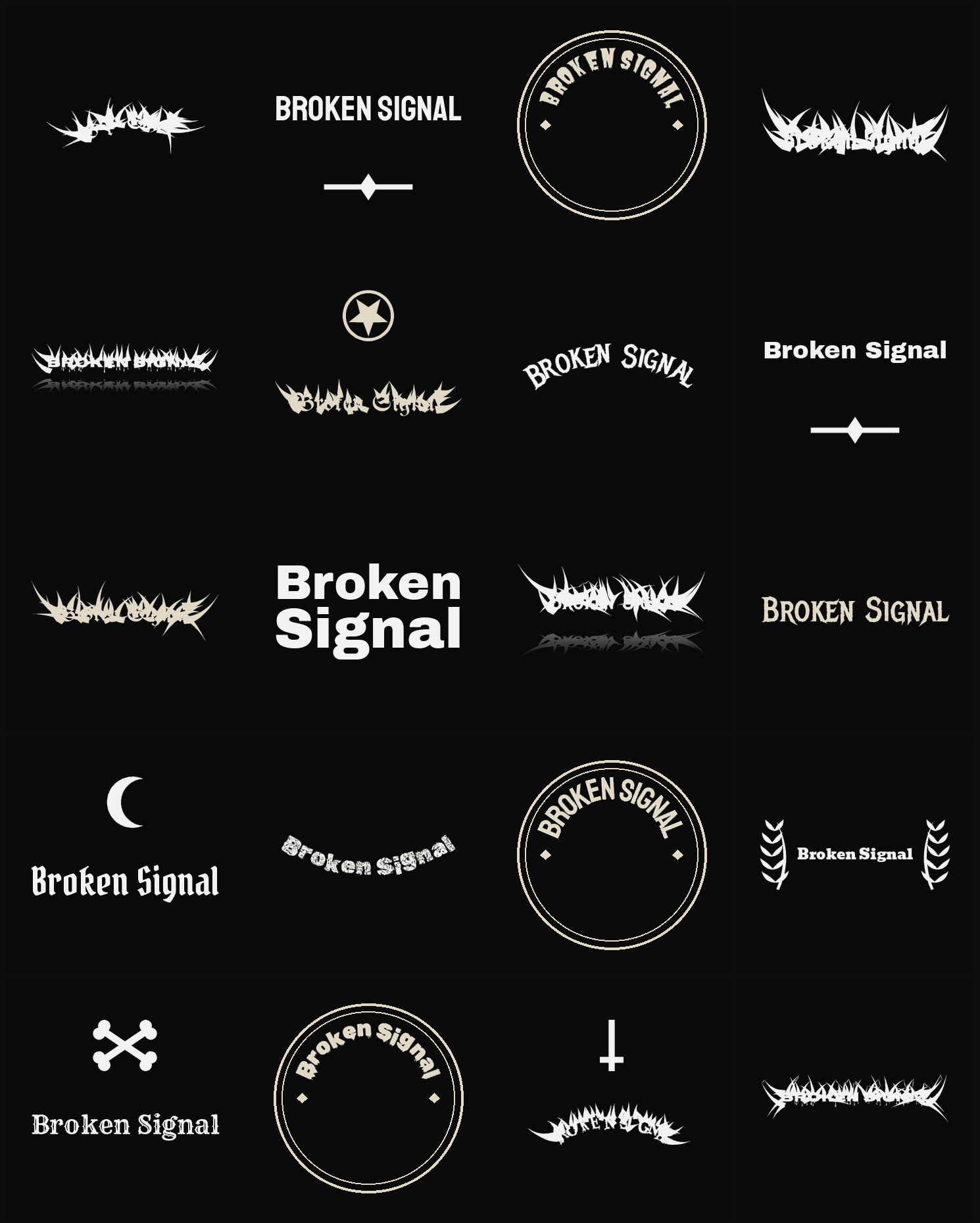 Twenty Broken Signal band logo ideas — different faces, treatments and spike settings
