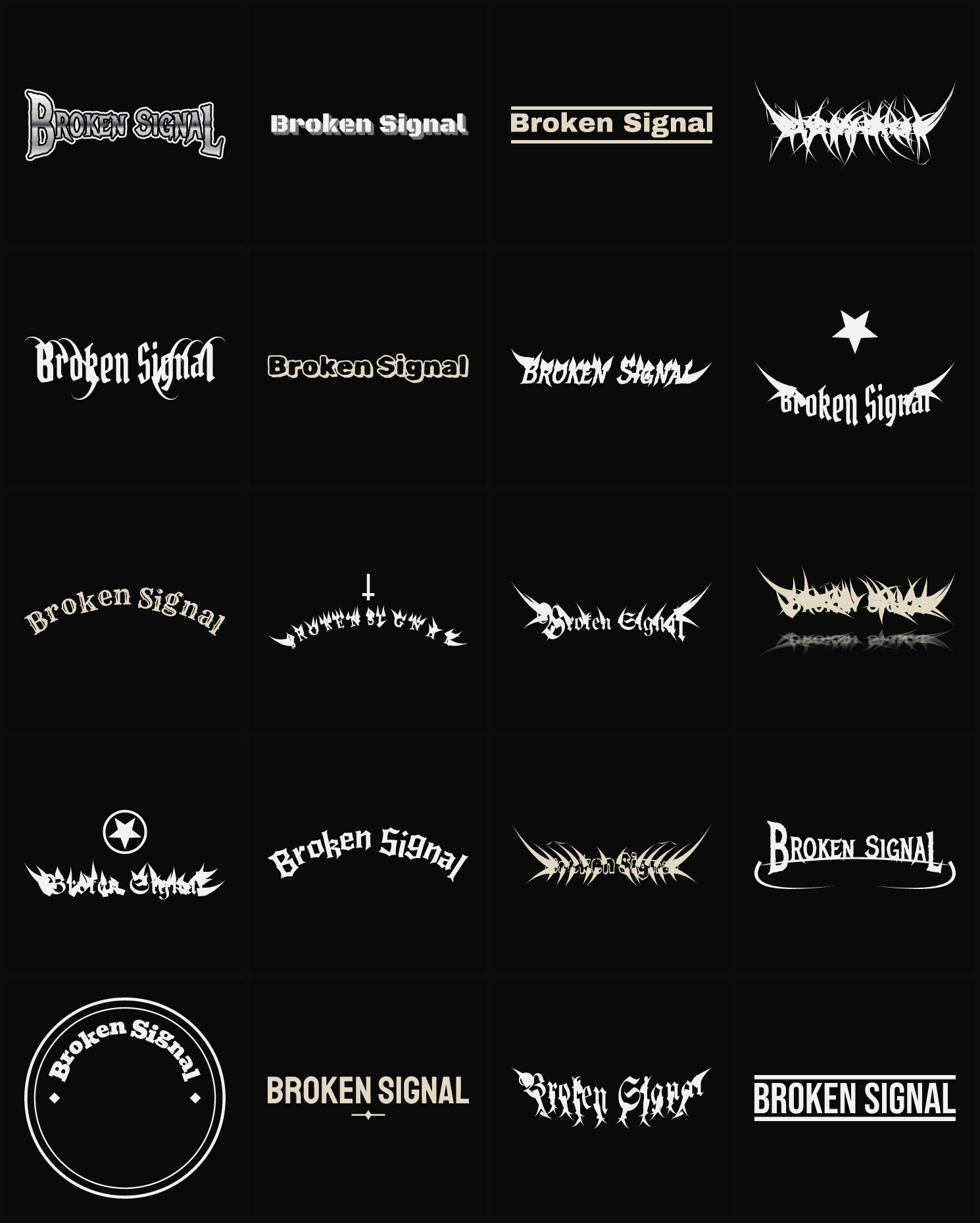 Twenty Broken Signal band logo ideas — different faces, treatments and spike settings