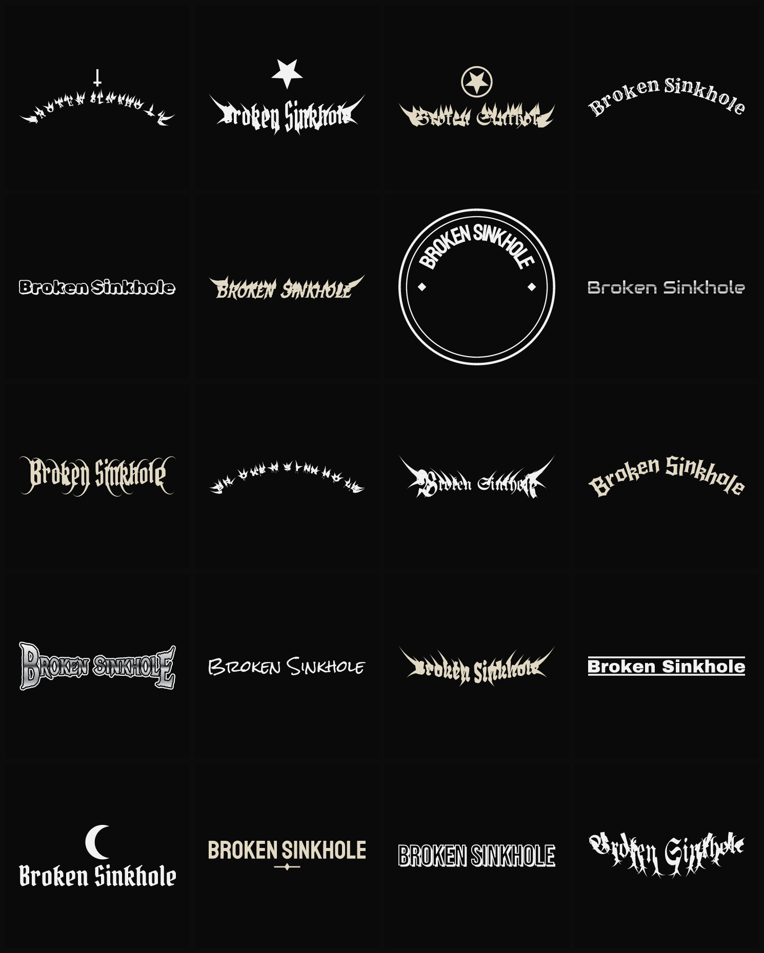 Twenty Broken Sinkhole band logo ideas — different faces, treatments and spike settings