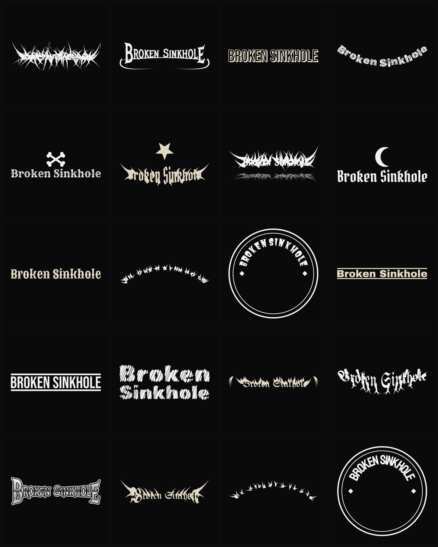 Twenty Broken Sinkhole band logo ideas — different faces, treatments and spike settings