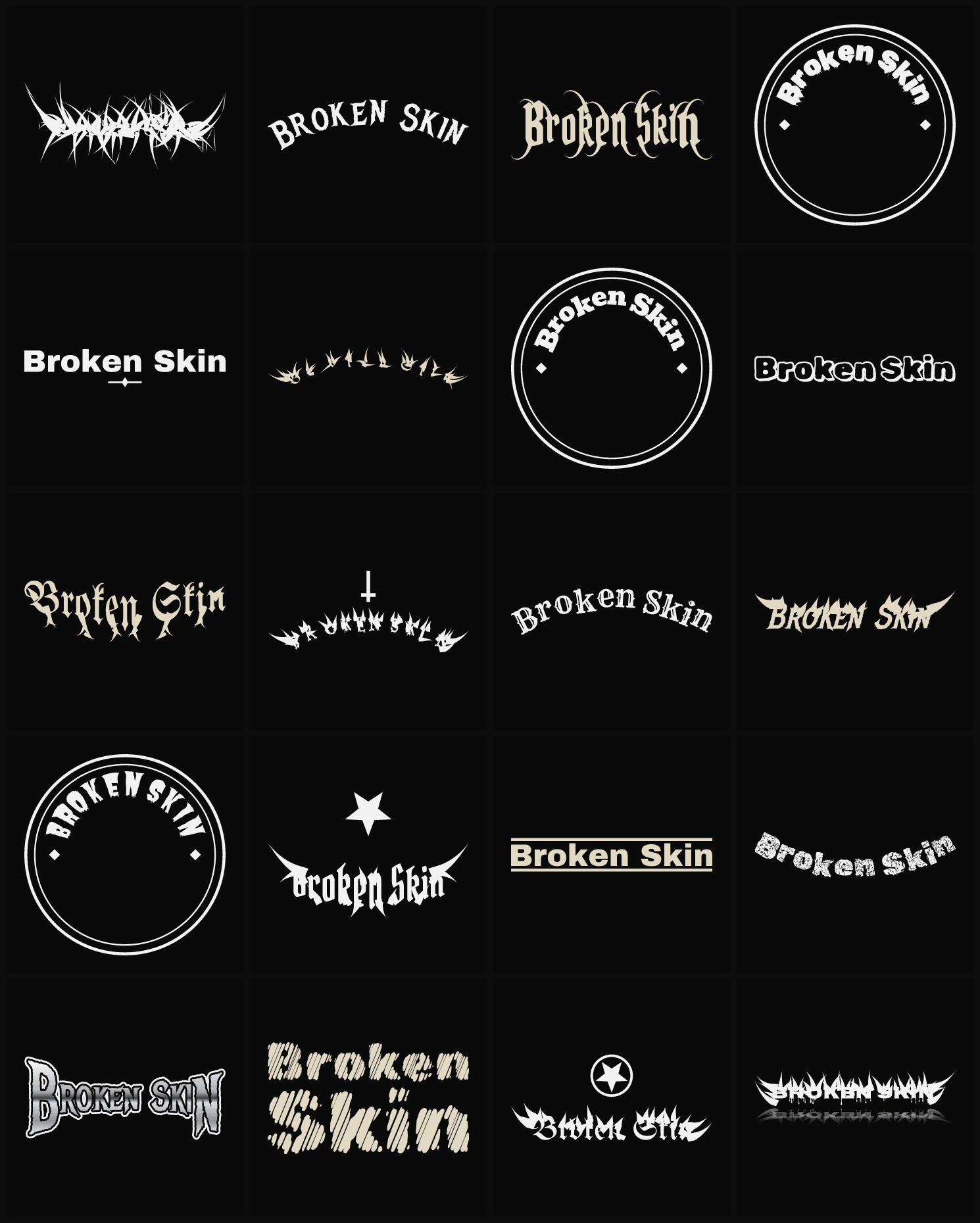 Twenty Broken Skin band logo ideas — different faces, treatments and spike settings