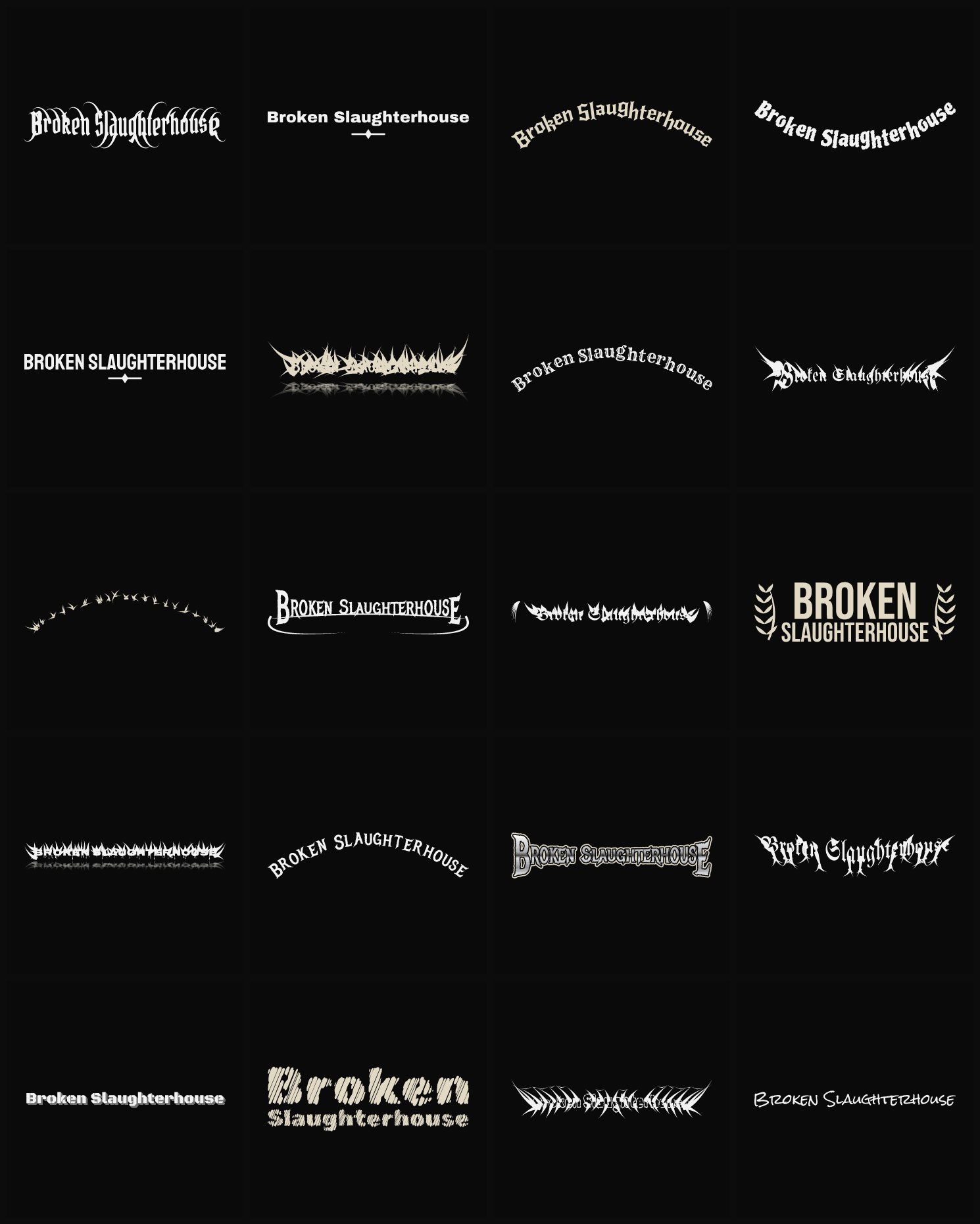 Twenty Broken Slaughterhouse band logo ideas — different faces, treatments and spike settings