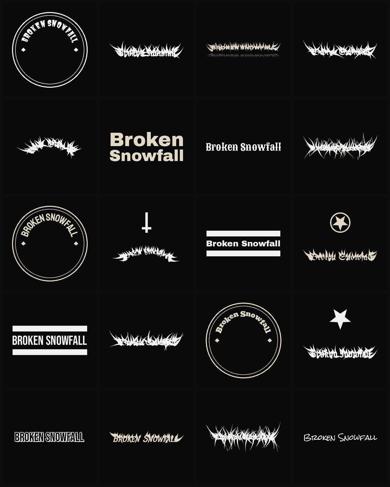 Twenty Broken Snowfall band logo ideas — different faces, treatments and spike settings