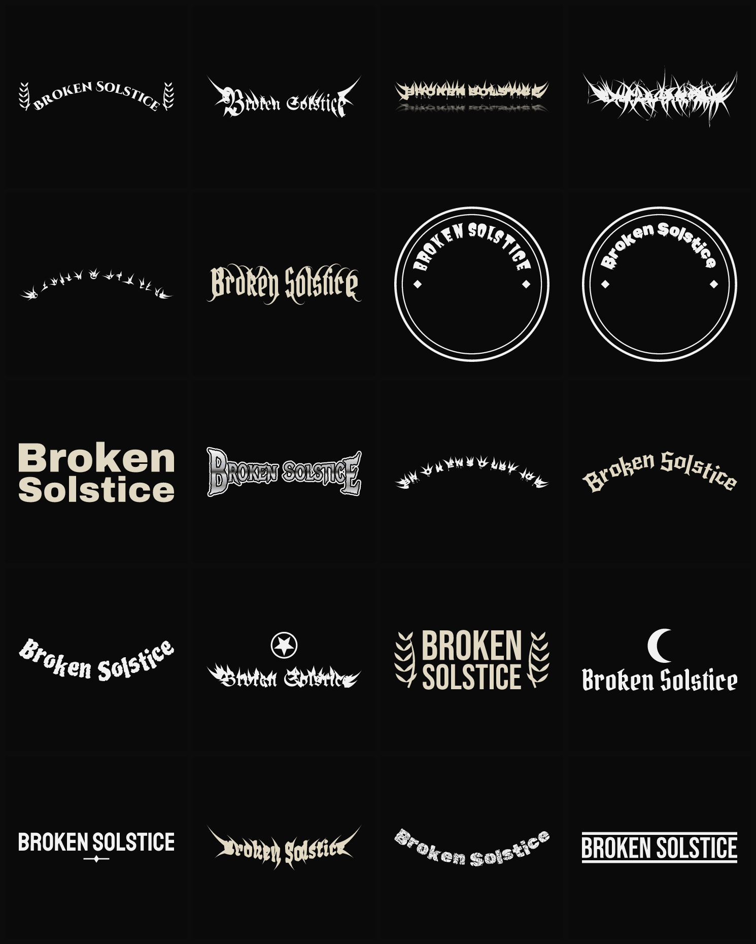 Twenty Broken Solstice band logo ideas — different faces, treatments and spike settings