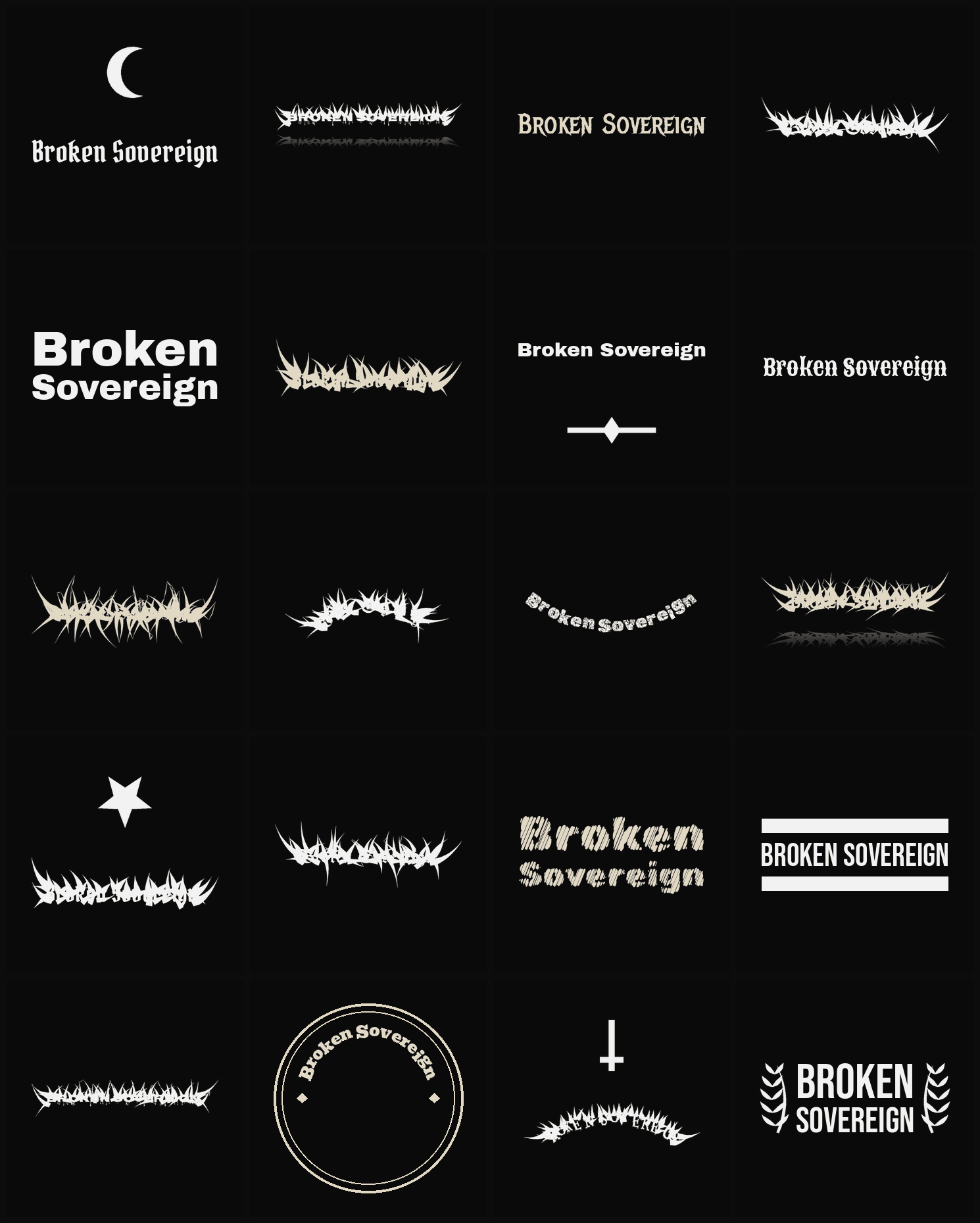 Twenty Broken Sovereign band logo ideas — different faces, treatments and spike settings
