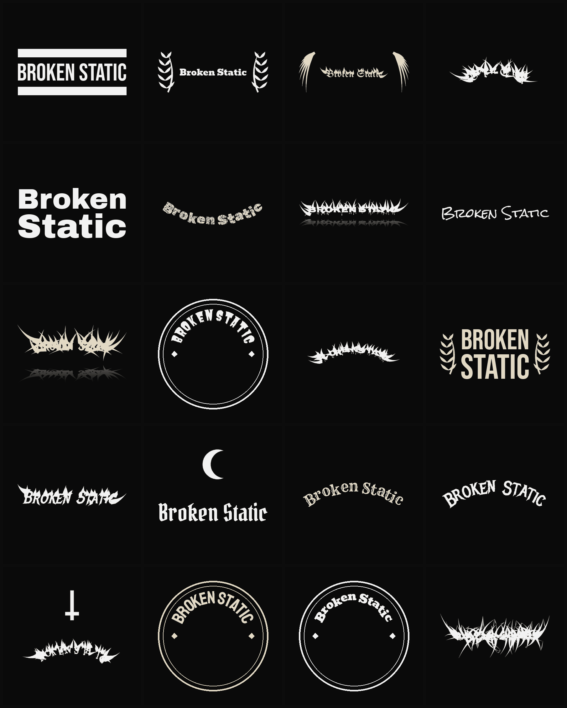 Twenty Broken Static band logo ideas — different faces, treatments and spike settings