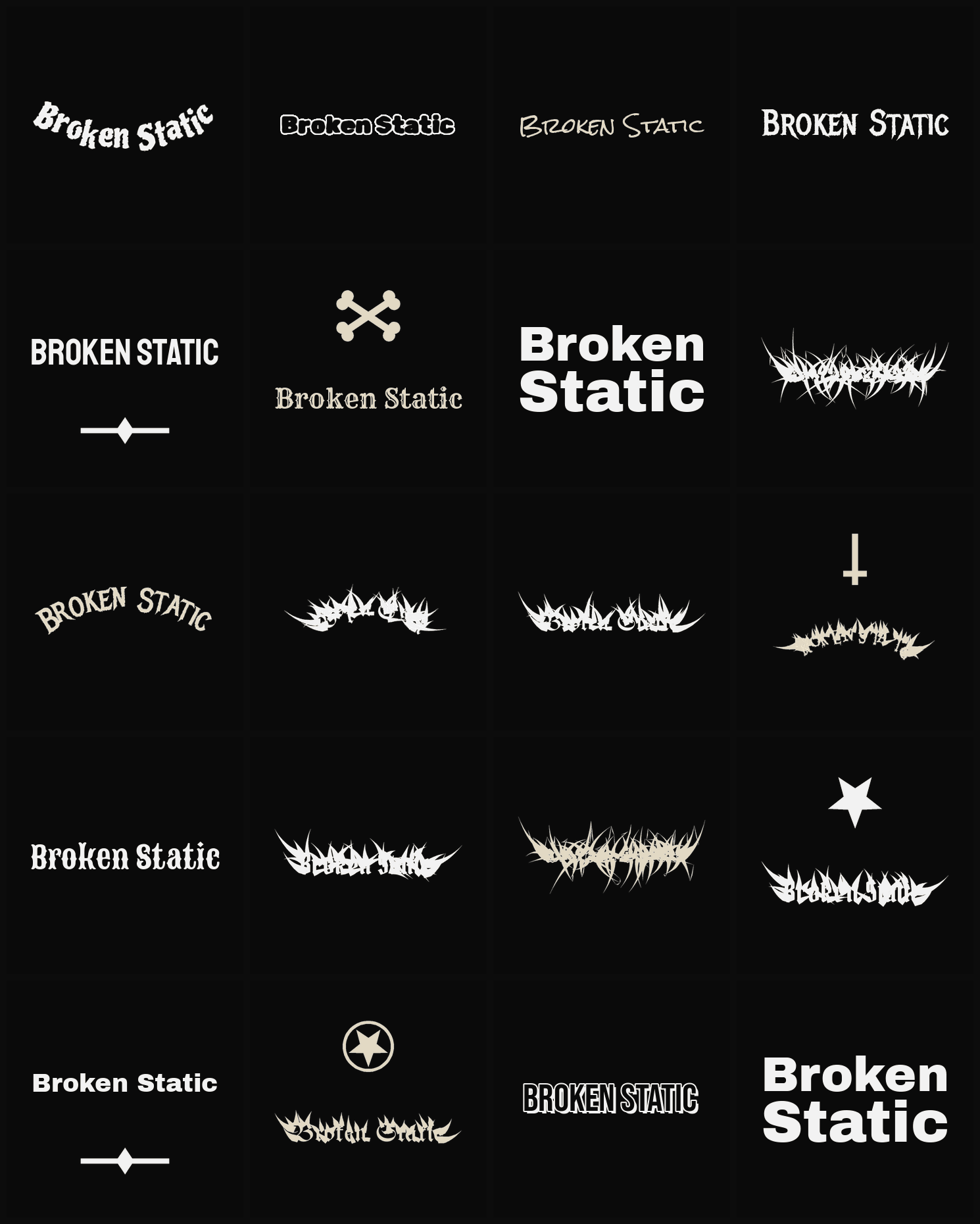 Twenty Broken Static band logo ideas — different faces, treatments and spike settings