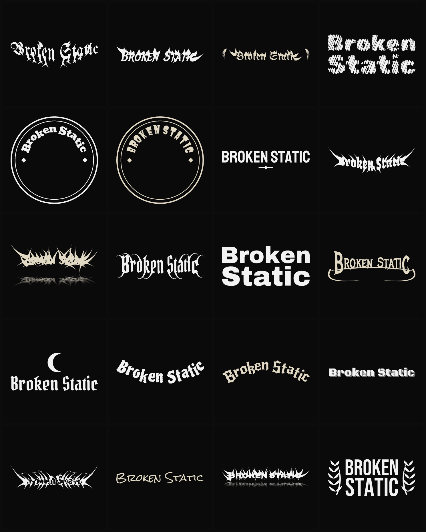 Twenty Broken Static band logo ideas — different faces, treatments and spike settings