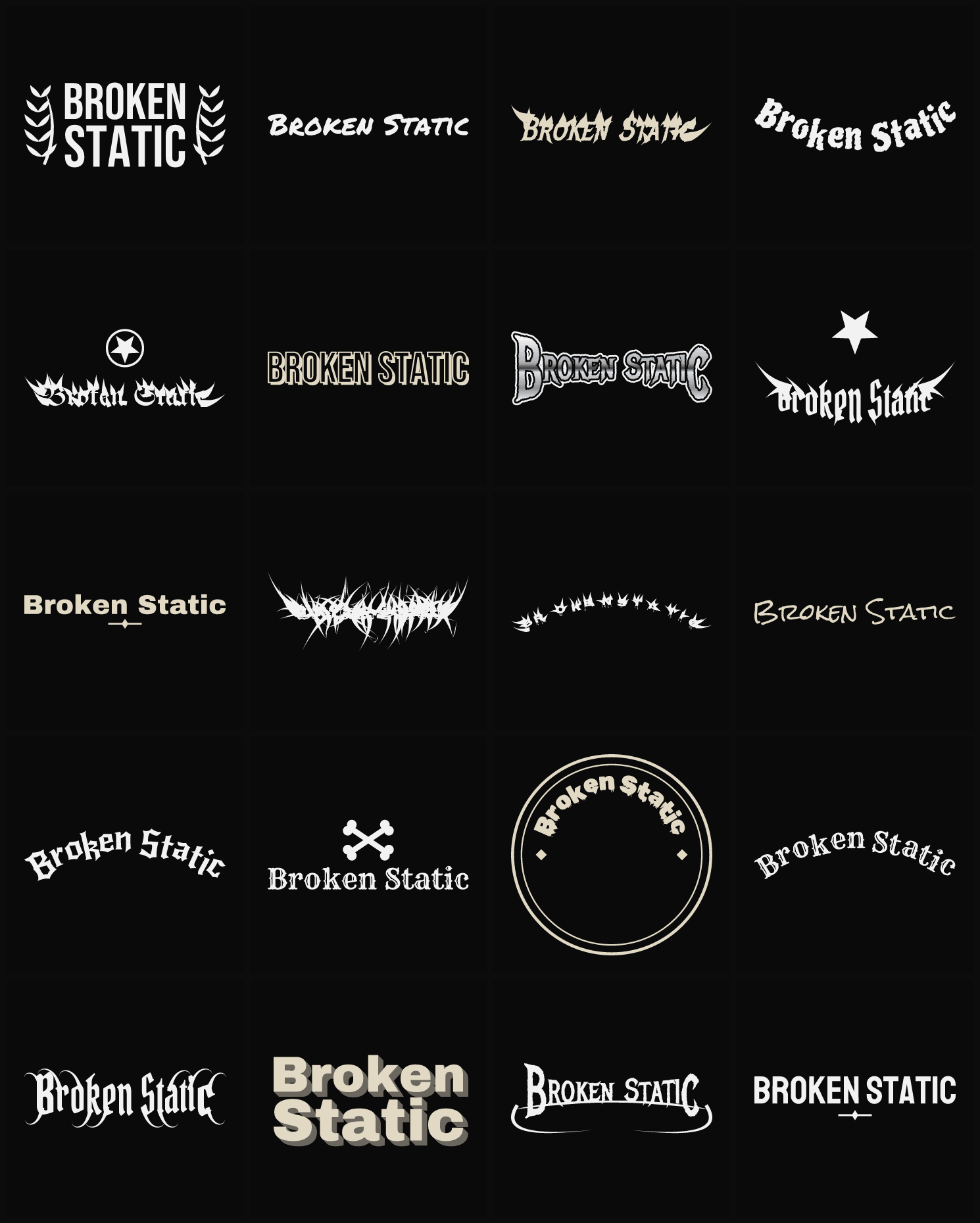Twenty Broken Static band logo ideas — different faces, treatments and spike settings