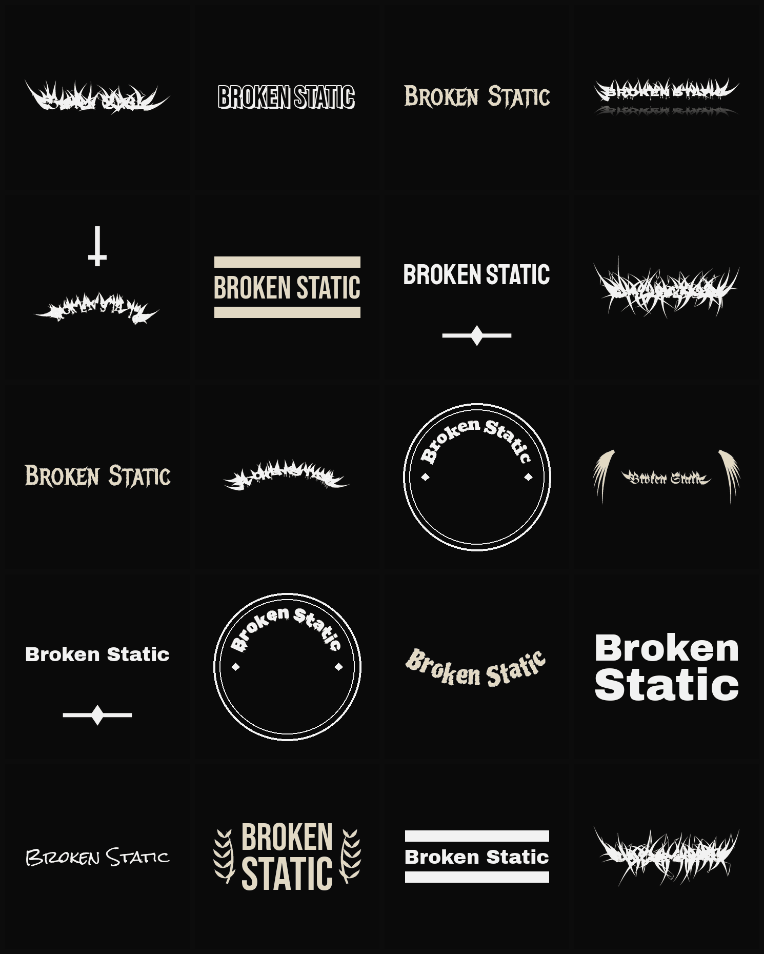 Twenty Broken Static band logo ideas — different faces, treatments and spike settings