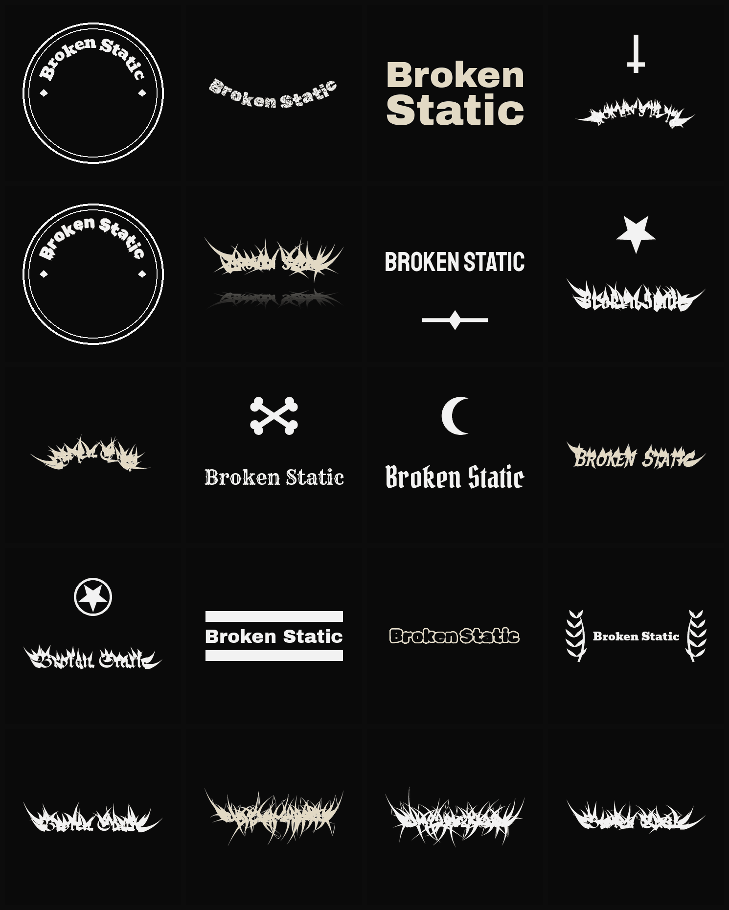 Twenty Broken Static band logo ideas — different faces, treatments and spike settings
