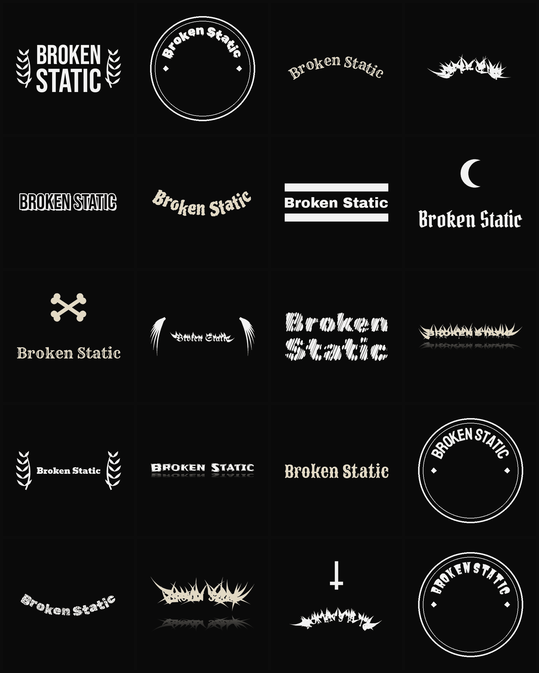 Twenty Broken Static band logo ideas — different faces, treatments and spike settings