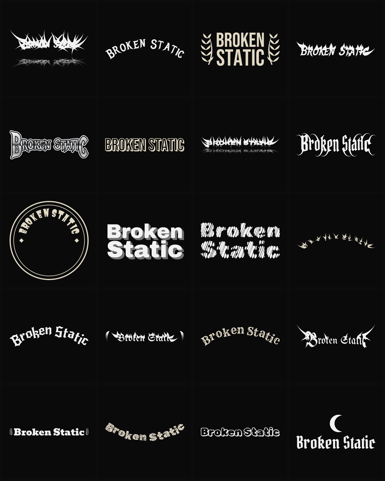 Twenty Broken Static band logo ideas — different faces, treatments and spike settings