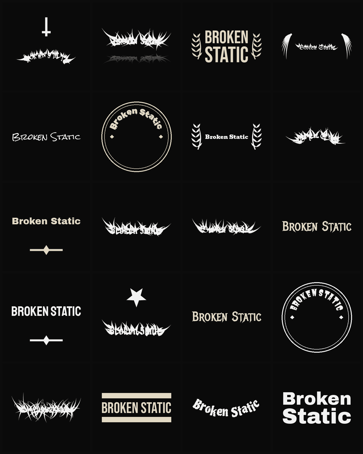Twenty Broken Static band logo ideas — different faces, treatments and spike settings