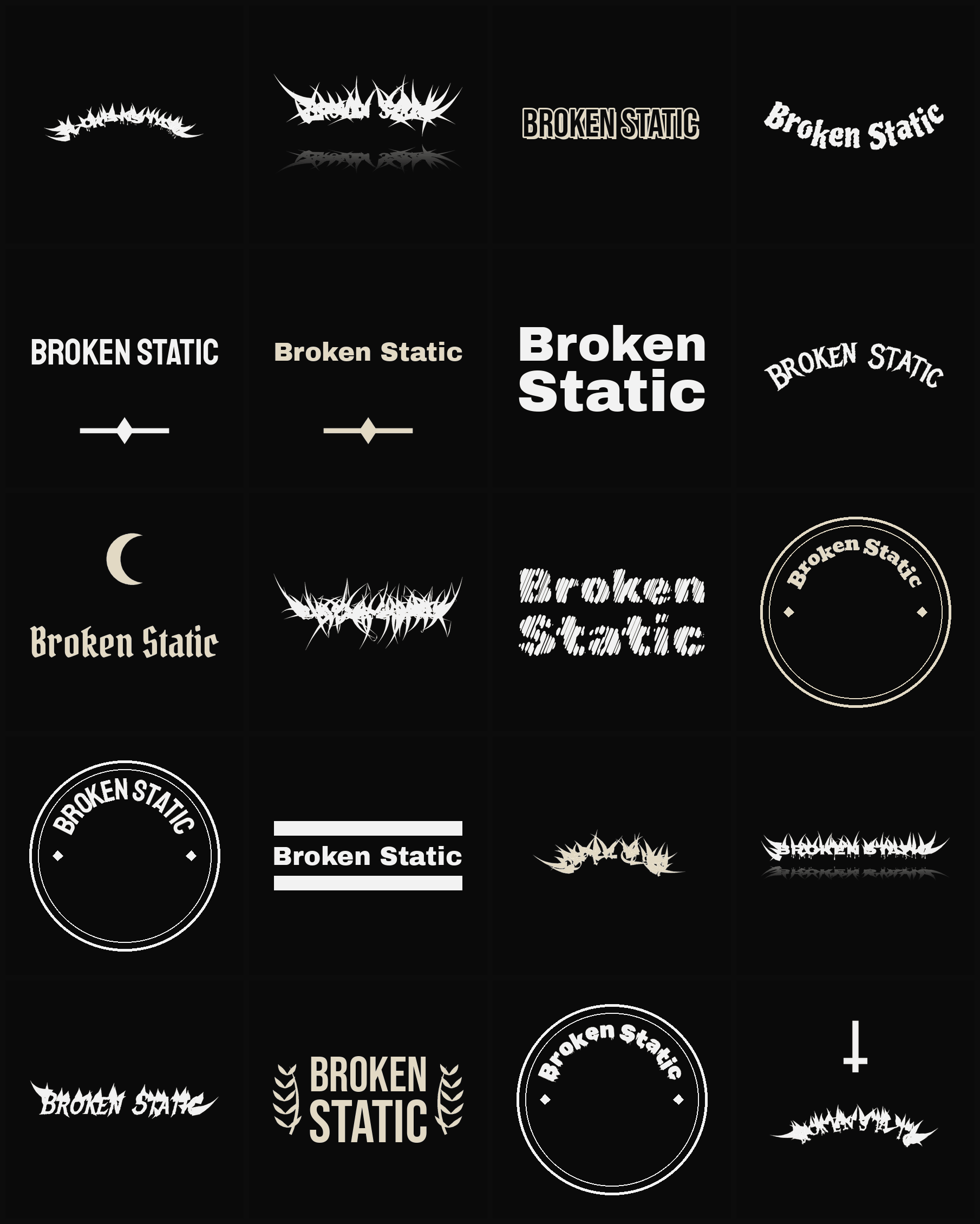 Twenty Broken Static band logo ideas — different faces, treatments and spike settings