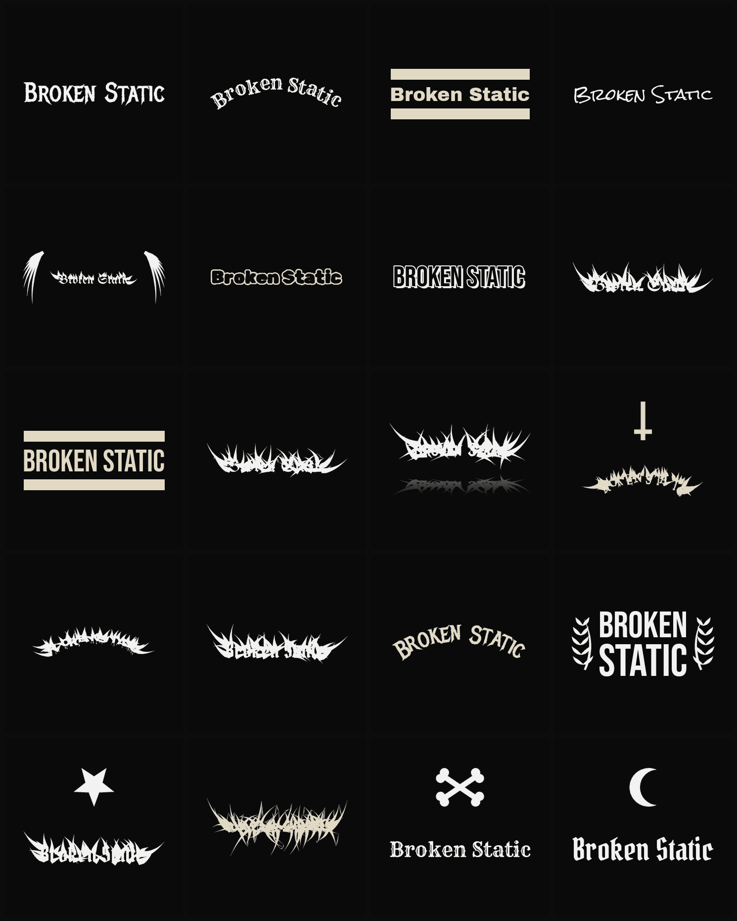 Twenty Broken Static band logo ideas — different faces, treatments and spike settings