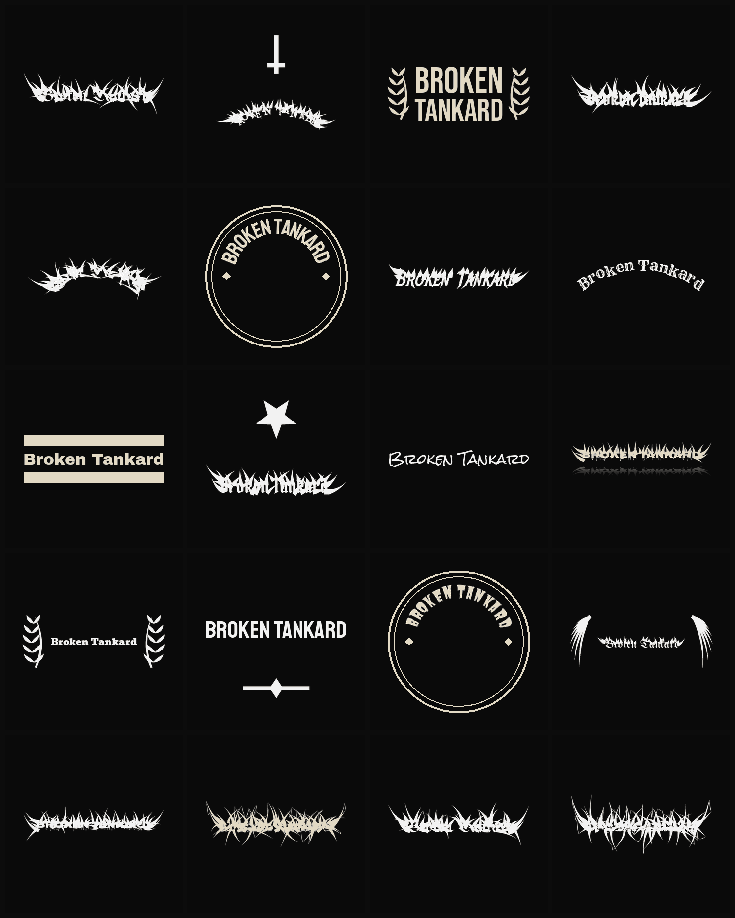 Twenty Broken Tankard band logo ideas — different faces, treatments and spike settings
