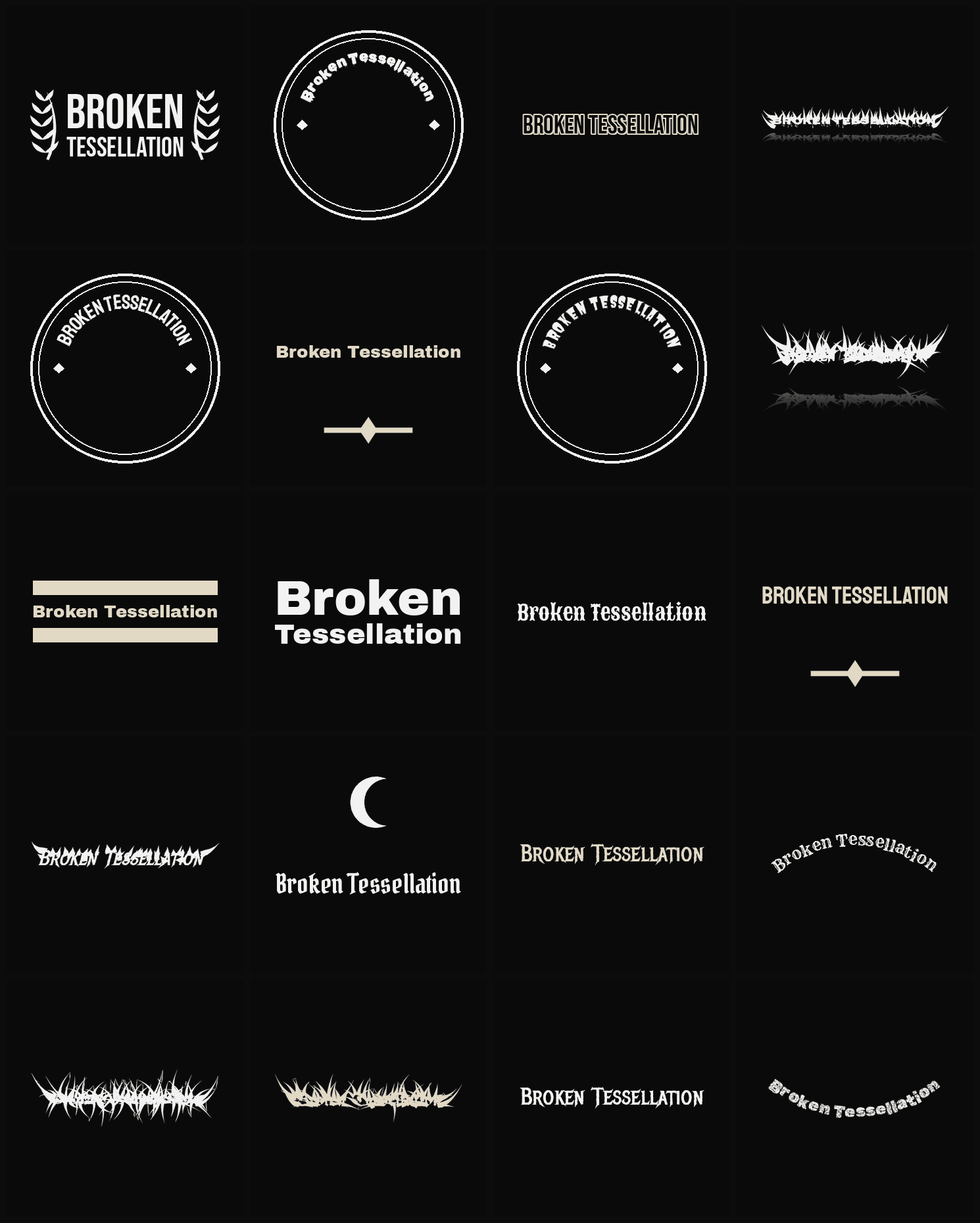 Twenty Broken Tessellation band logo ideas — different faces, treatments and spike settings